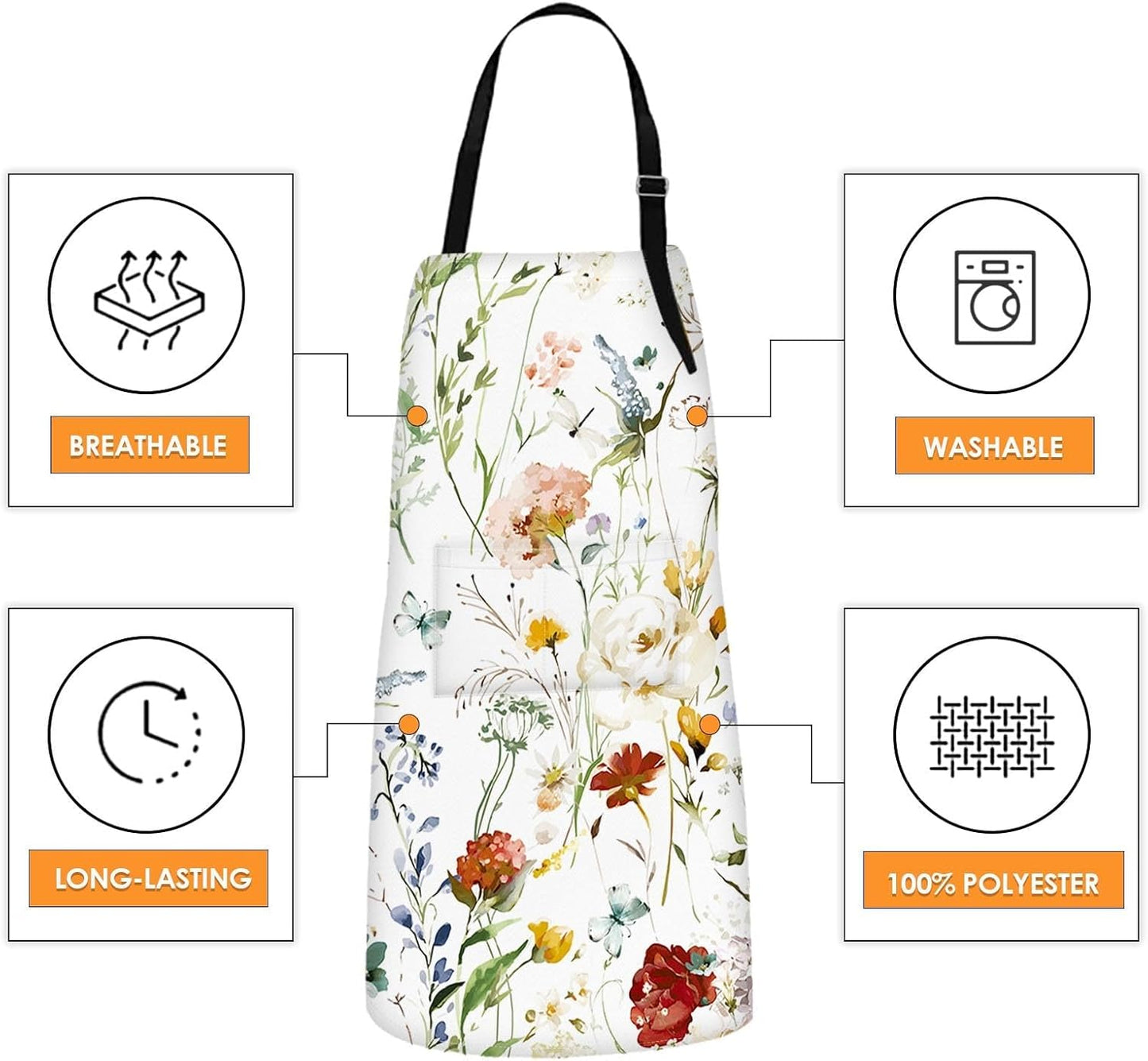 Britimes Apron Home Kitchen Cooking Baking Gardening for Women Men With Pockets Wildflower Flower Floral Boho Butterfly Hydrangea 32x28 inch
