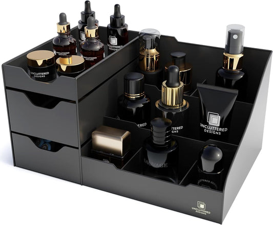 Uncluttered Designs Large Black Vanity Organizer - Countertop Mens Organizer With Drawers for Cologne, Deodorant, Beard, Shaving Lotion, Perfume & Skincare - Perfect for Bathroom & Bedroom Storage