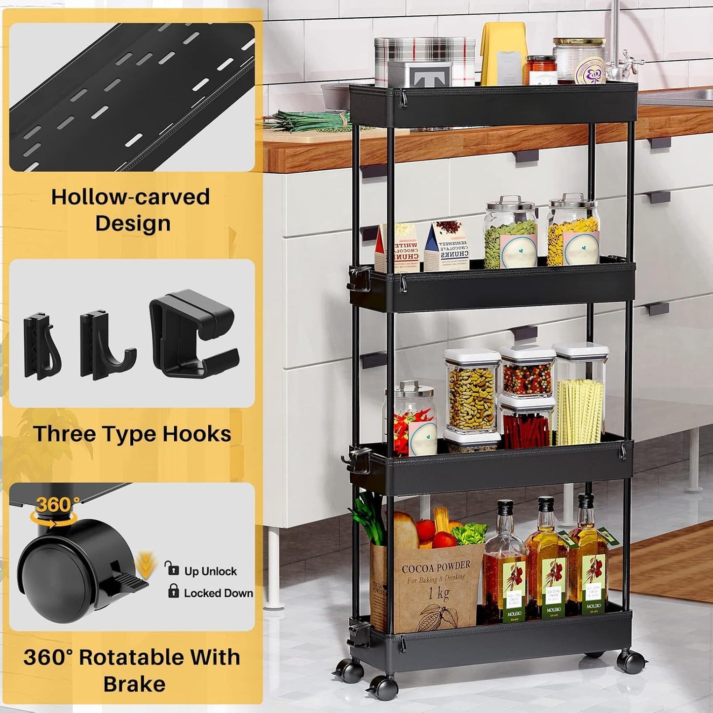 SPACEKEEPER Slim Rolling Storage Cart 4 Tier Bathroom Organizer Cart Mobile Shelving Unit Slide Out Utility Cart for Kitchen, Bthroom, Makeup, Craft, Laundry Narrow Places, Black