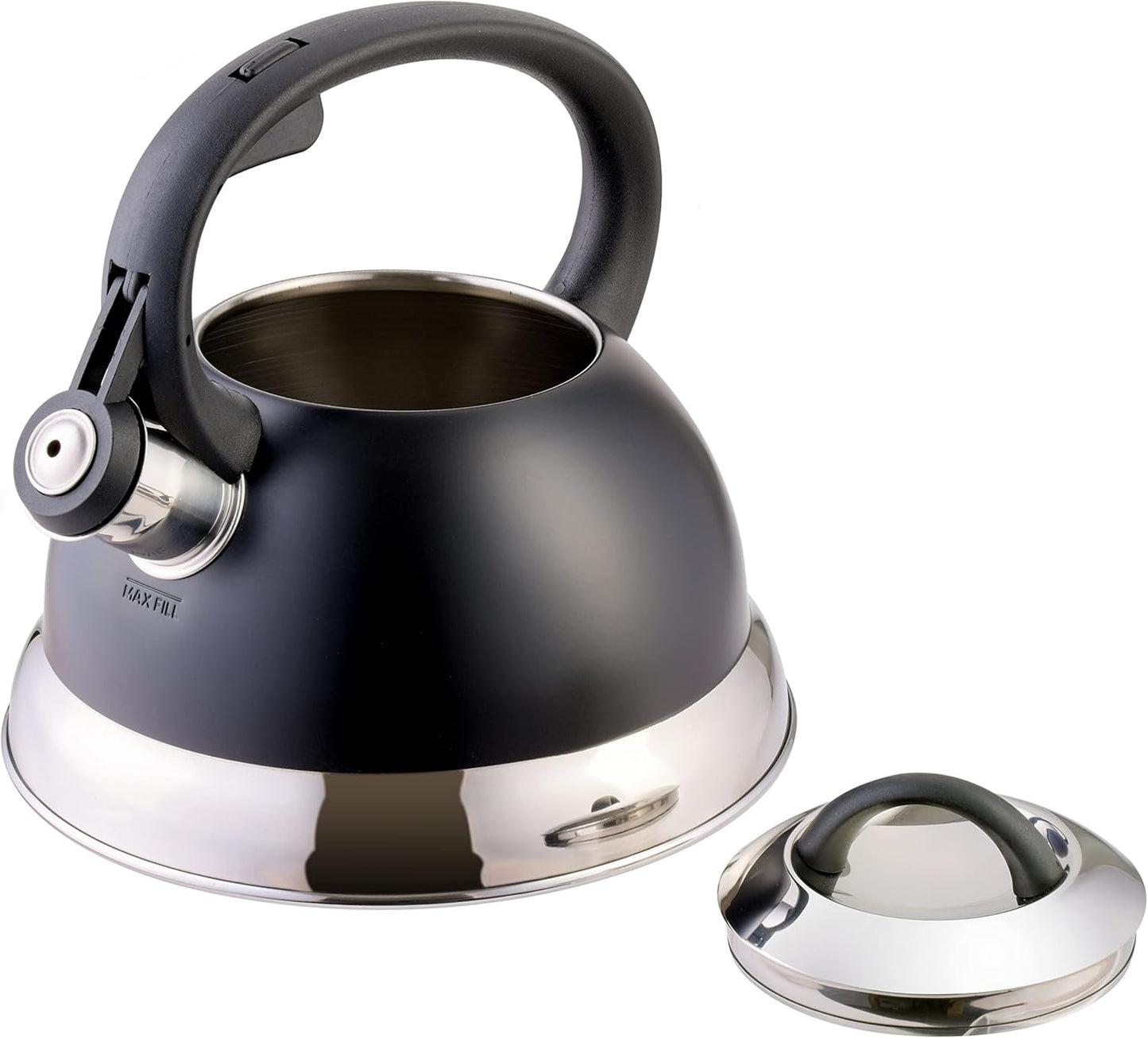 Mr. Coffee Flintshire 1.75-Quart Stainless Steel Whistling Tea Kettle with Nylon Handle – Matte Black Stove-Top Kettle for Boiling Water