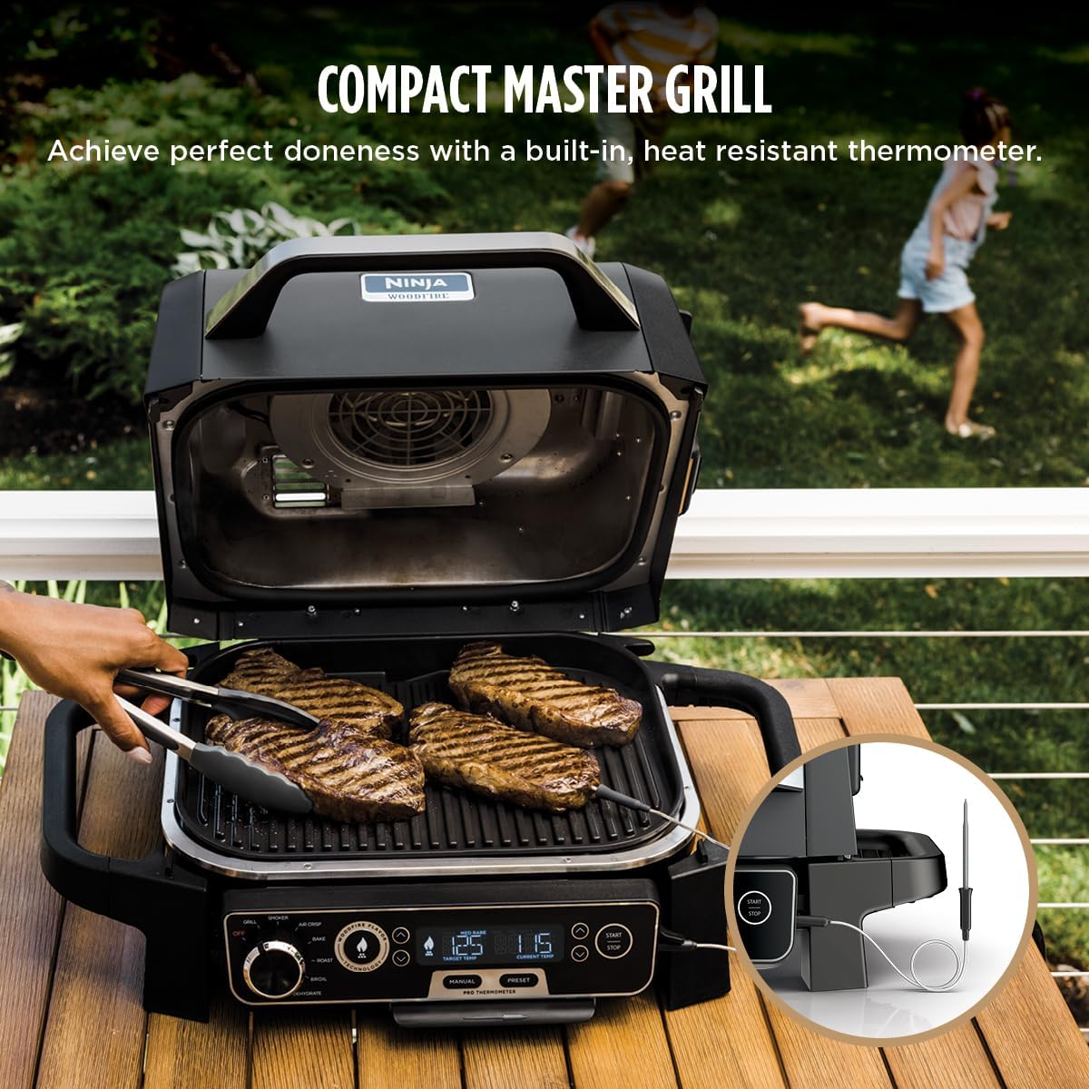 Ninja OG751 Woodfire Pro Outdoor Grill Built-In Thermometer,7-in-1 Master Grill,BBQ Smoker,& Outdoor Air Fryer Plus Bake,Roast,Dehydrate & Broil,Woodfire Technology,Weather-Resistant,Grey XL
