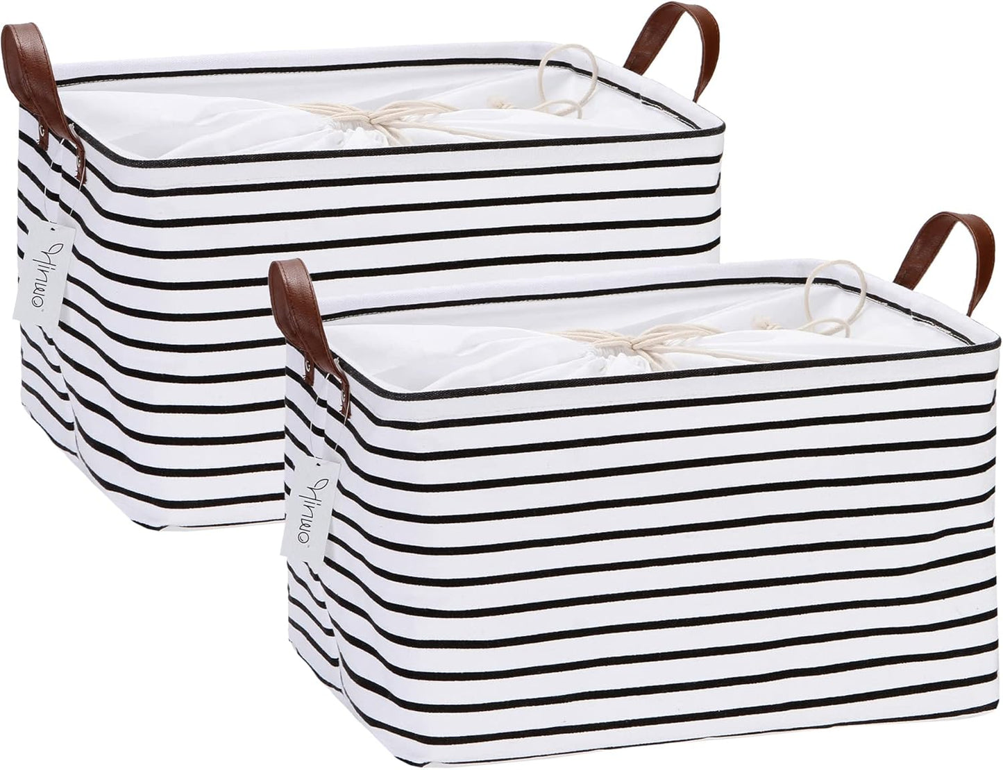 Hinwo 2-Pack Large Canvas Fabric Storage Baskets with Handles, 31L Rectangle Storage Bins, Collapsible Storage Box, Clothes, Toys, Blankets Organizers, 16.5 x 11.8 x 9.8 inches, (Black Stripe)