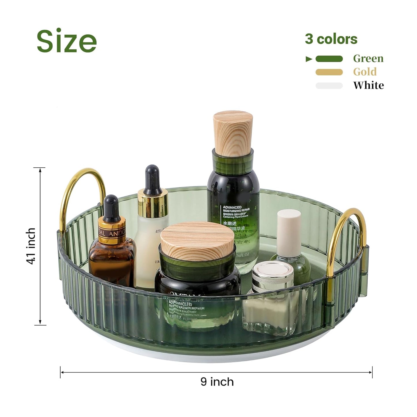 Rotating Makeup Organizer for Vanity, Skincare Make Up Organizers for Bathroom Counter, Clear Perfume Dresser Cosmetic Storage Display Case Holder 360 Spinning,1 Tier, Green