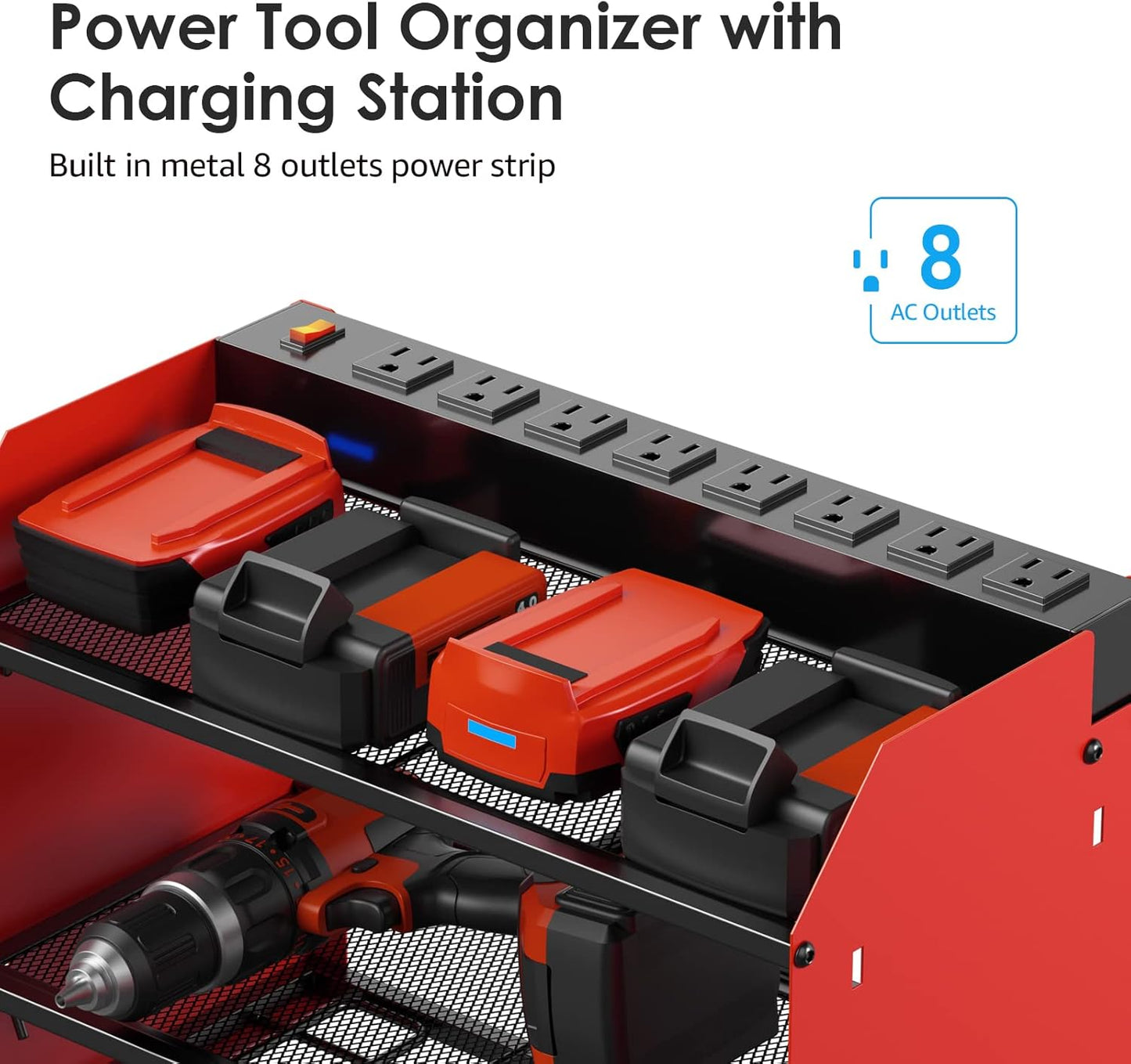 CCCEI Modular Power Tool Organizer Wall Mount with Charging Station. Garage Drill Storage Shelf with Hooks, Heavy Duty Rack, Tool Battery Holder Built in 8 Outlet. Gift for Men. Red, 1 Pack.