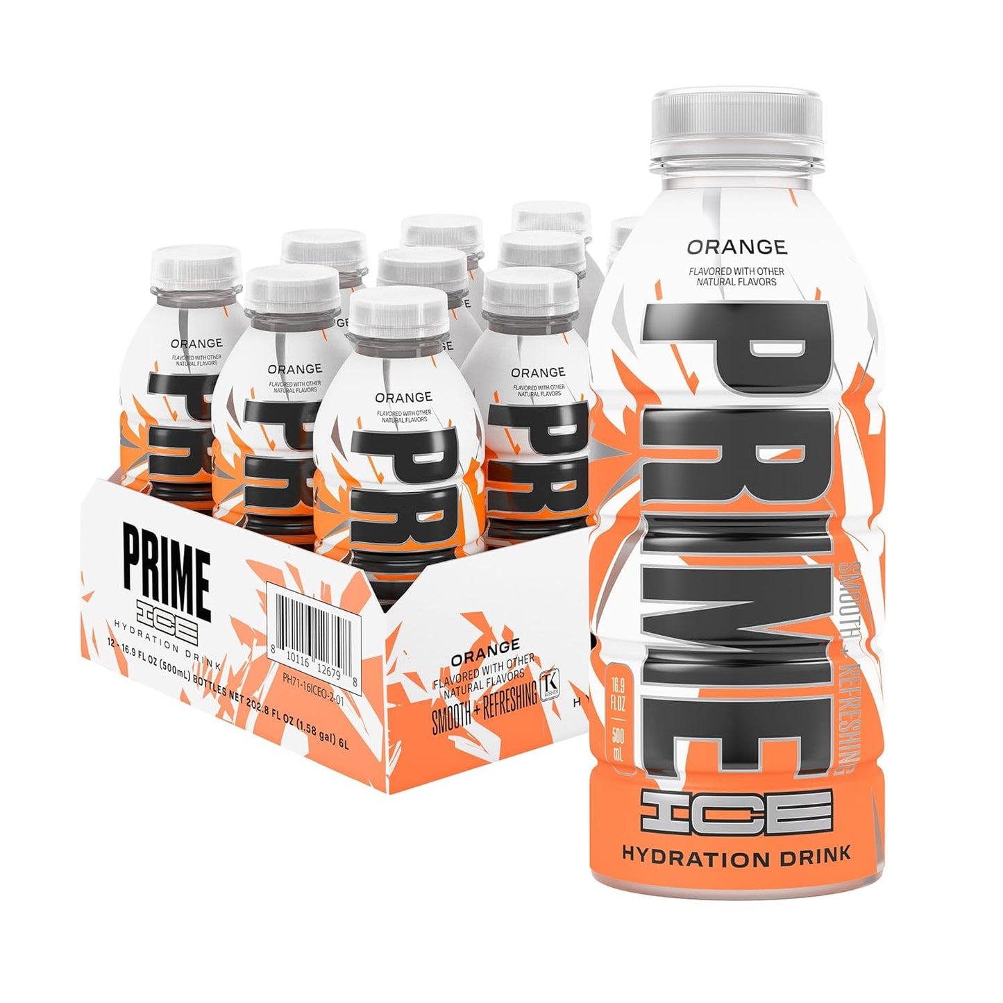 PRIME Hydration ICE ORANGE, Sports Drinks, Electrolyte Enhanced for Ultimate Hydration, 250mg BCAAs, B Vitamins, Antioxidants, Low Sugar, 16.9 Fl Oz, 12 Pack