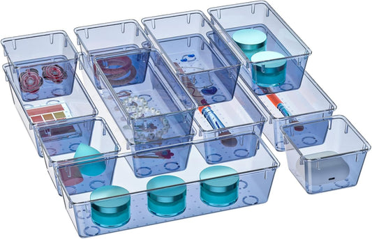 WOWBOX 12 Pack Clear Drawer Organizer Set, Acrylic Drawer Storage Trays, Storage Bins for Makeup, Cosmetics, Jewelries, Utensils, Gadgets, Office, Dark Blue