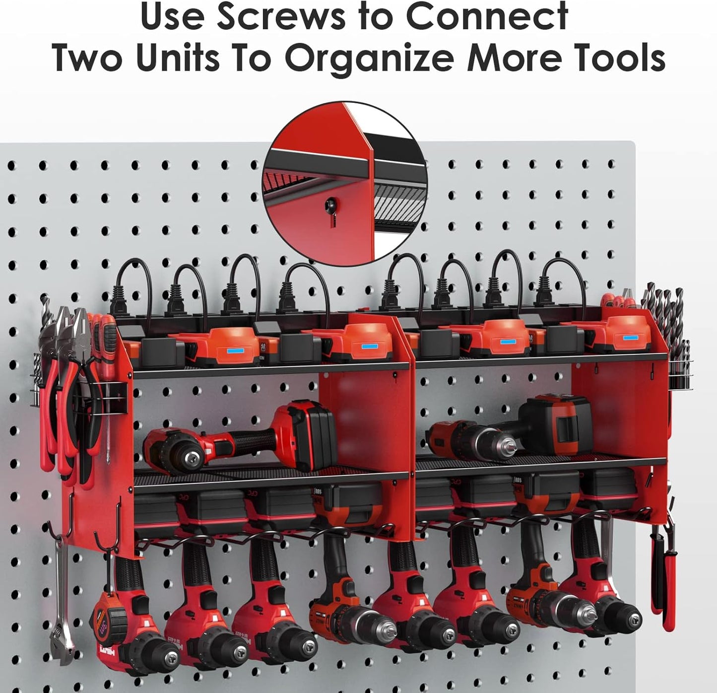 CCCEI Modular Power Tool Organizer Wall Mount with Charging Station. Garage Drill Storage Shelf with Hooks, Heavy Duty Rack, Tool Battery Holder Built in 8 Outlet. Gift for Men. Red, 2 Pack.