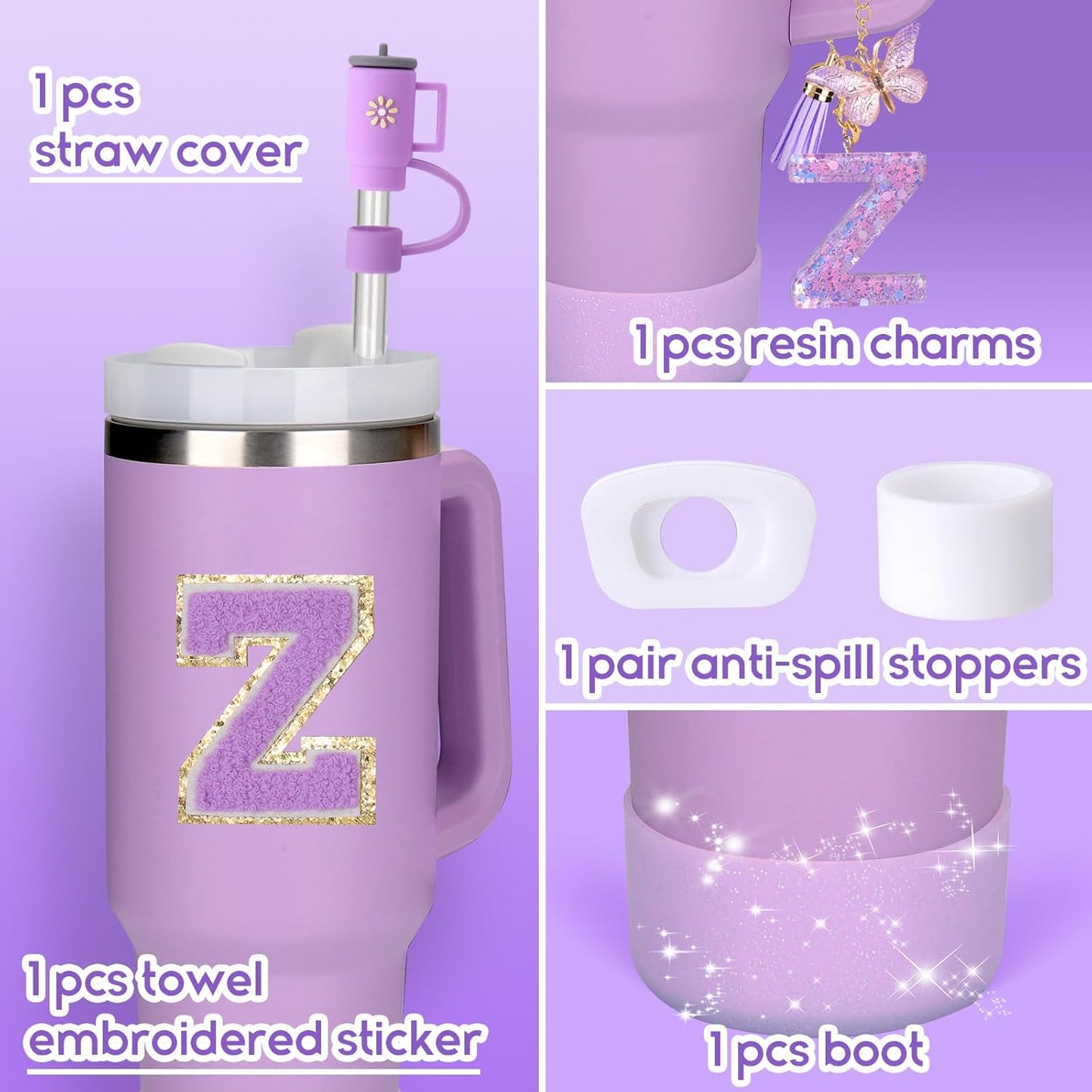 Mity rain 6PCS Cup Accessories Set for Stanley Cup 30oz 40oz tumbler with handle, Including Silicone Straw Topper Cover Cap and Boot, Spill Proof Stopper, Handle Charm, Initials Sticker (Letter Z)