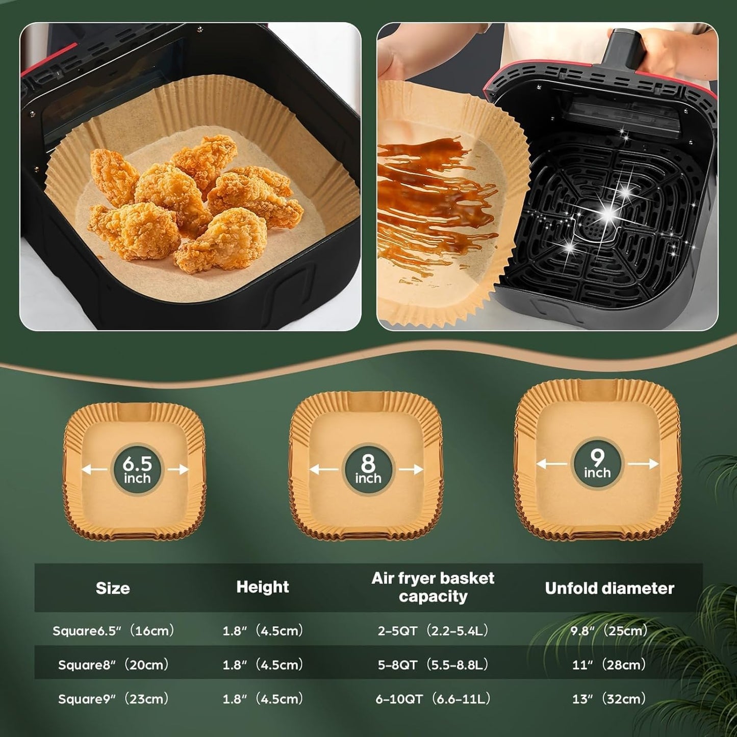 Air Fryer Paper Liners Disposable: 200Pcs 9 Inch Special Square Liners for Air Fryer, Grease and Water Proof Non Stick Basket Parchment Paper