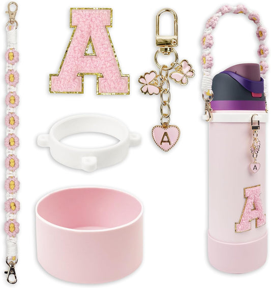 SITKOL Silicone Boot Cute Monogram Set Compatible with Owala Water Bottle 24 oz, 32 oz, 40 oz - Perfect Letter Owala Accessories for Owala Tumbler, Owala Free Sip, Pink Owala, Black Owala