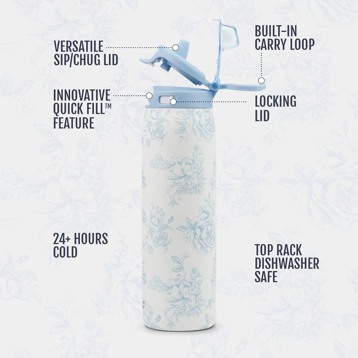 Ello Pop & Fill Stainless Steel Water Bottle with Quick Fill Technology, Double Walled Vacuum Insulated Metal, Leak Proof Locking Lid, Sip & Chug, BPA Free, Holiday Gift for Him Her, 22oz, 32oz, 40oz