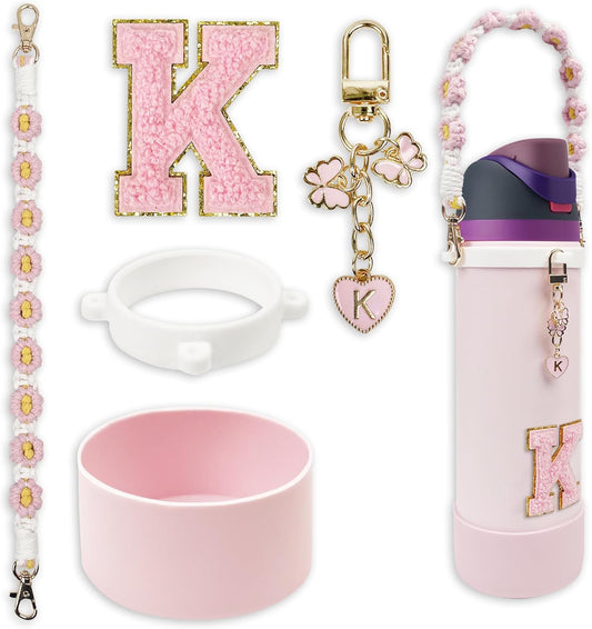 SITKOL Silicone Boot Cute Monogram Set Compatible with Owala Water Bottle 24 oz, 32 oz, 40 oz - Perfect Letter Owala Accessories for Owala Tumbler, Owala Free Sip, Pink Owala, Black Owala