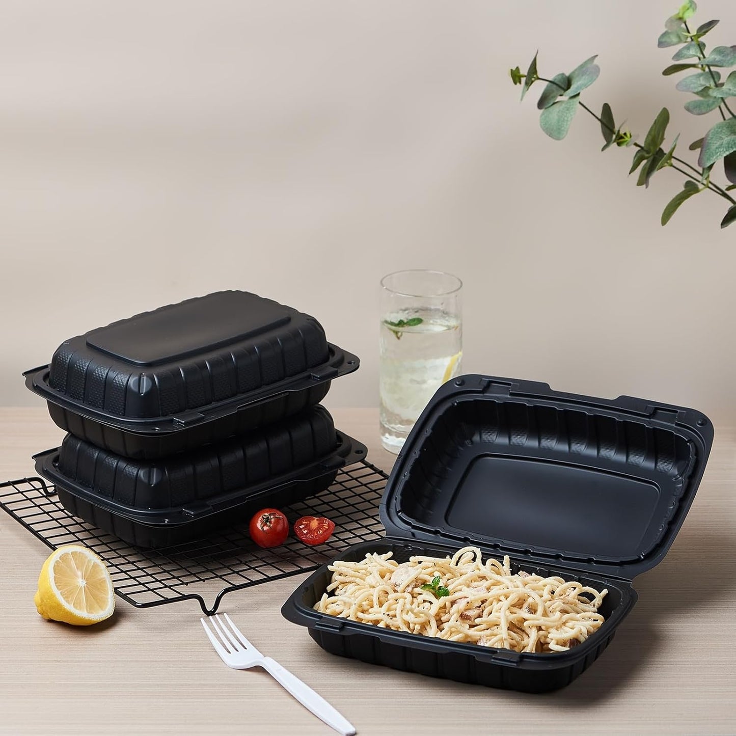 FULING 9X6 1-Compartment 50-Pack Plastic Clamshell Containers Food To Go Box Heavy Duty Disposable Hinged With Secure Snap Lid