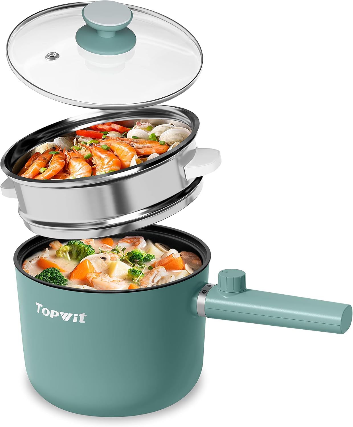 Topwit Hot Pot Electric with Steamer, 1.5L Ramen Cooker, Non-Stick Frying Pan, Electric Pot for Pasta, BPA Free, Electric Cooker with Dual Power Control, Over-Heating & Boil Dry Protection, Green
