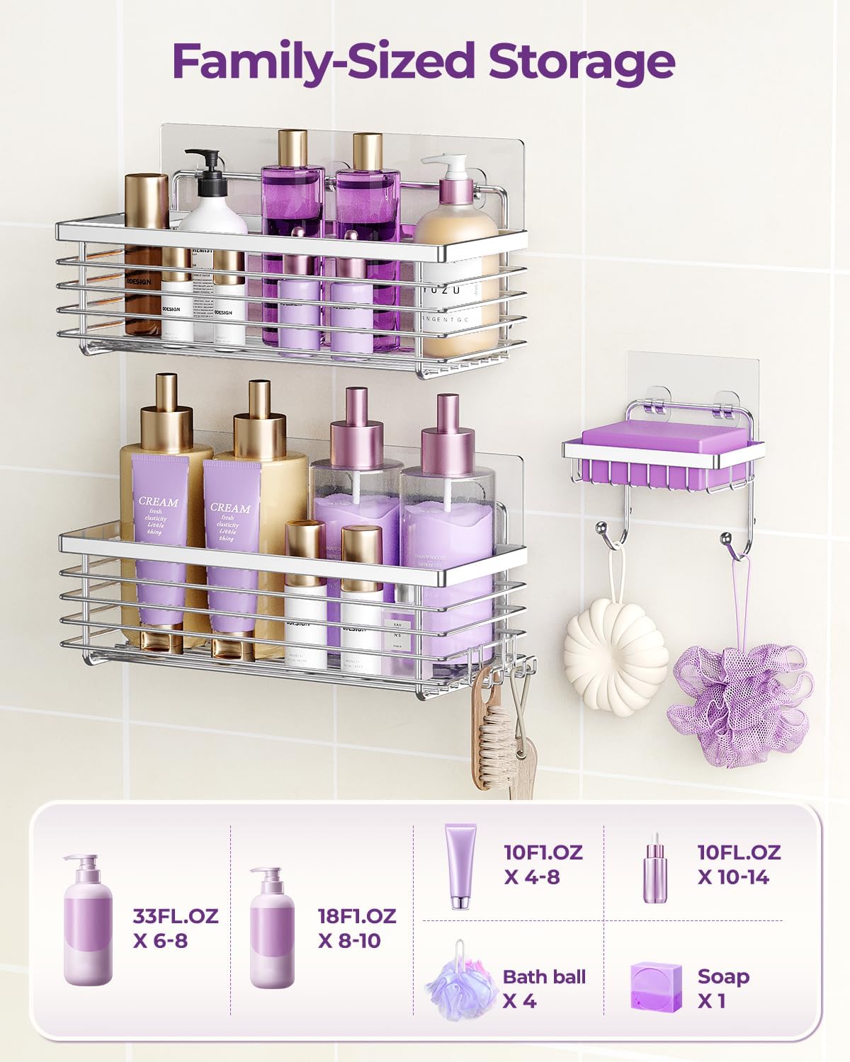 ODesign Shower Caddy 3 Pack SUS304 Stainless Steel-No Drilling-Shower Bathroom Shelves Rack,Rustproof Wall Mounted,Adhesive Shower Shelf Basket Organizer-Silver