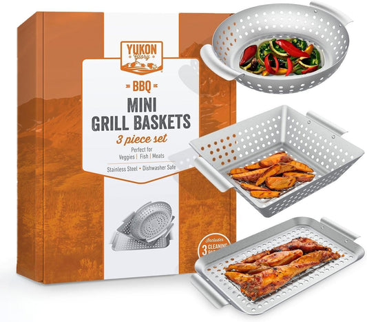 Yukon Glory 3-Piece Mini Grill Basket Set, Perforated Stainless Steel Vegetable BBQ Baskets With Grill Pan Topper, Square & Round, Dishwasher Safe