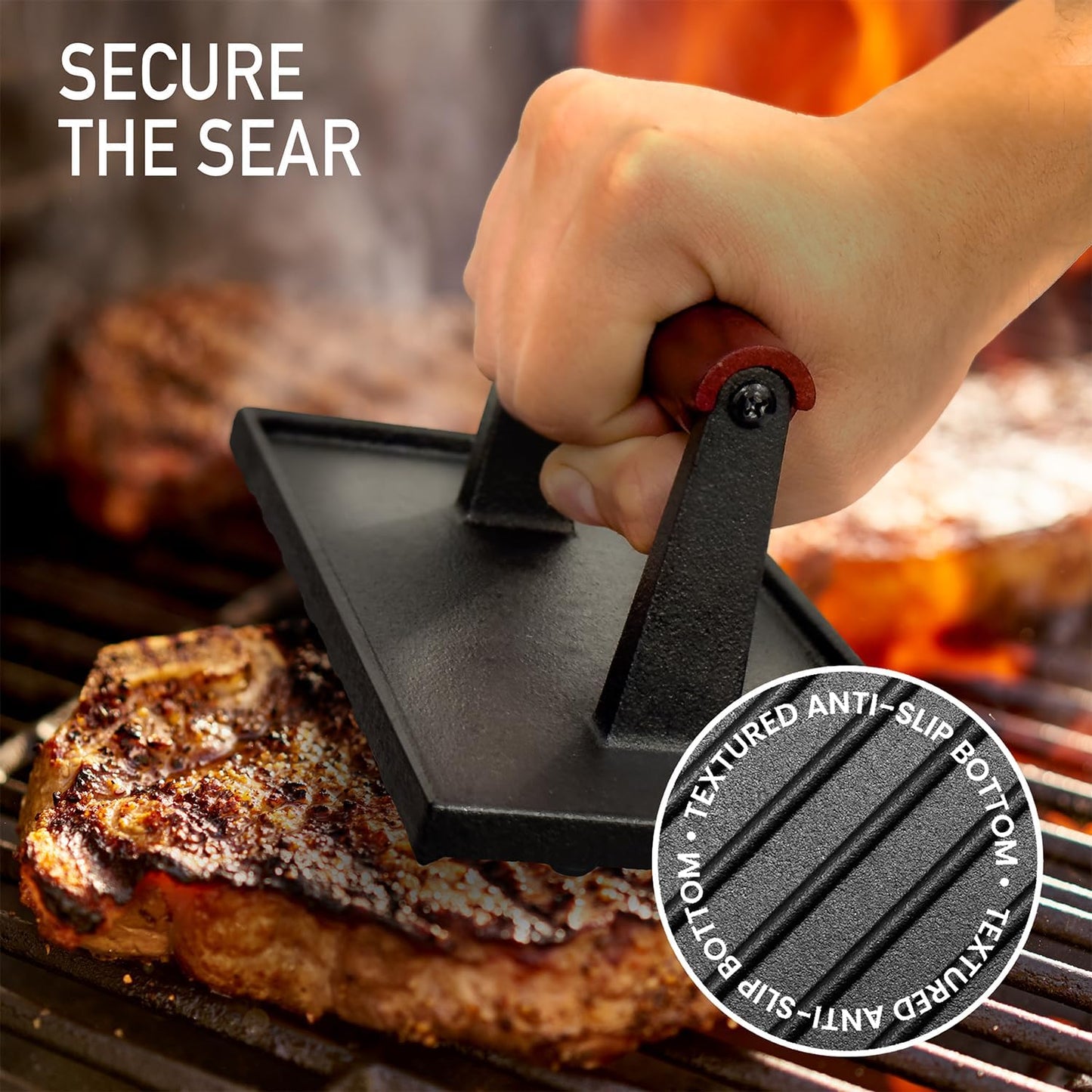 Cast Iron Grill Press - 8 x 4 Inch, 2.6 lb Griddle Press with Cool-Touch Wood Handle - Pre-seasoned for Steak, Burgers, Sandwiches, and Paninis – Non-Stick Grill Weight