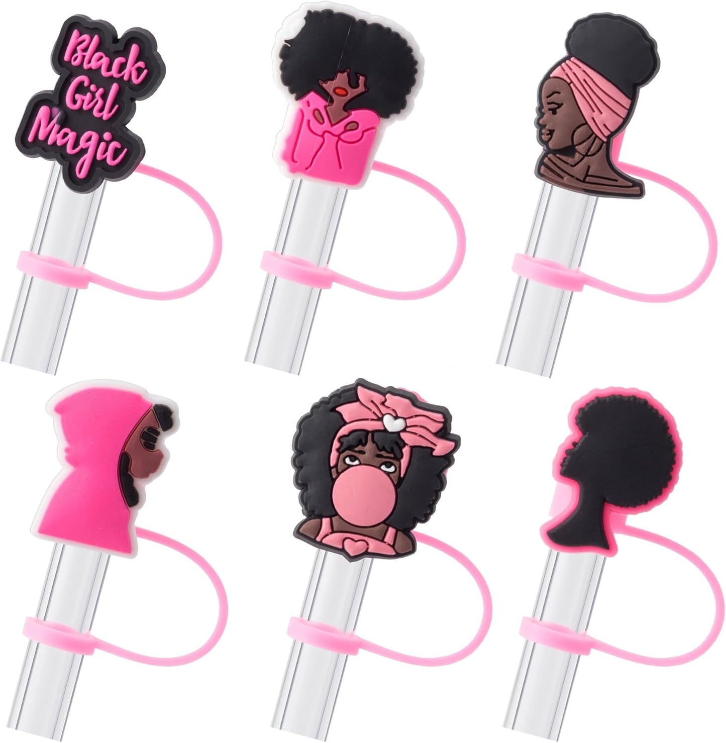 6Pcs Black Girl Straw Cover Cap for Stanley Cup Accessories, 10mm Cute Pink Drinking Straw Topper for 40oz 30oz Stanley Tumbler, Dust-Proof Reusable Straw Tips Gifts for Women
