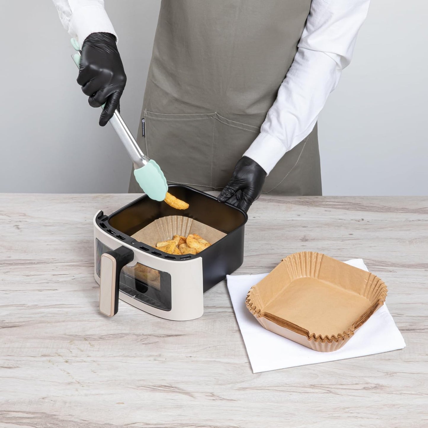 Restaurantware-Pastry Tek 6.3 x 6.3 x 1.8 Inch Air Fryer Liners, 100 Square Air Fryer Baskets - No-Stick Silicone Coating, Unbleached, Food-Grade Paper Liners, For Steamer, Microwave, Oven, Fry Pan
