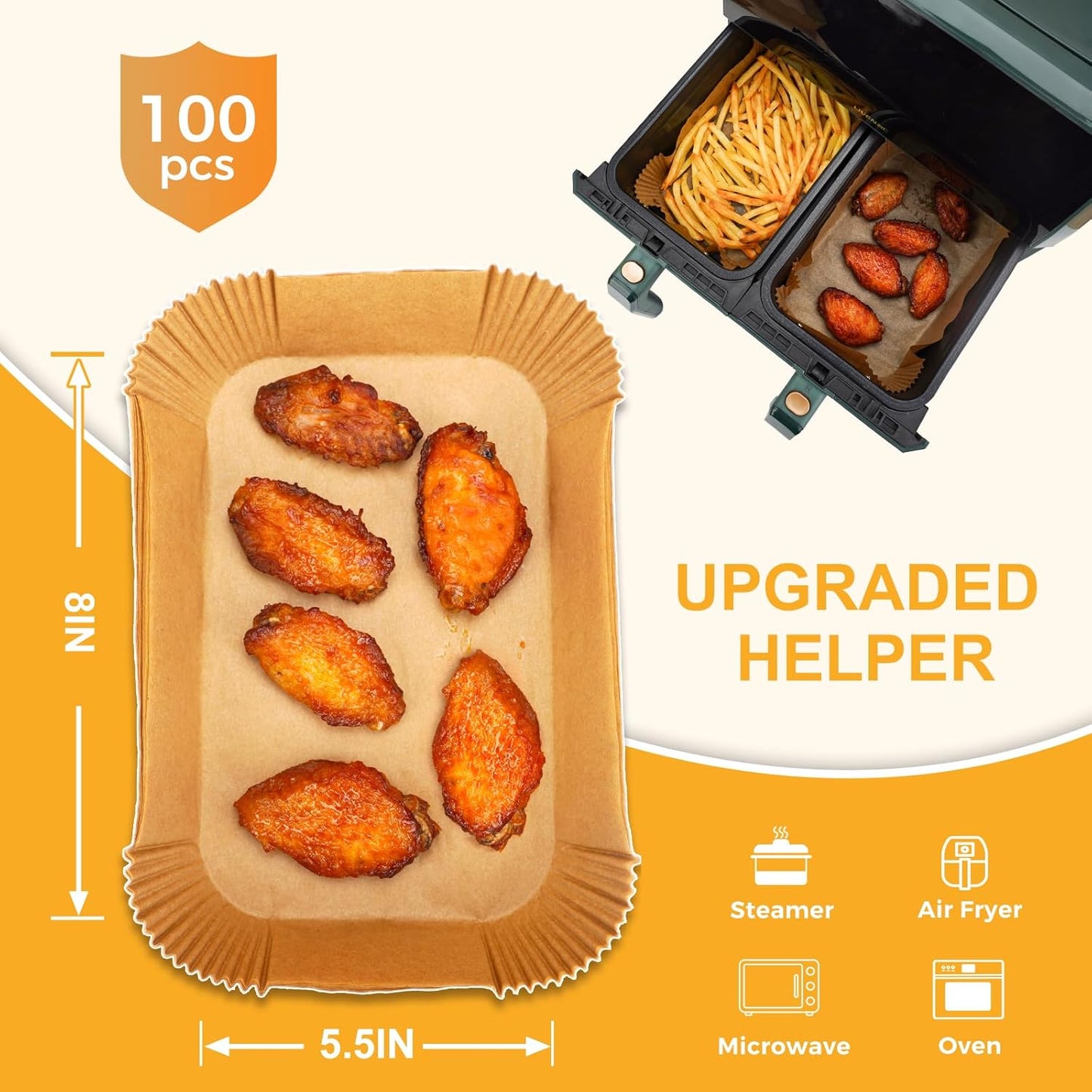 Vailnd Air Fryer Liners Disposable for Dual Basket, 100Pcs 8x5.5 Inch Rectangle Air Fryer Paper Liner for Ninja DZ201 DZ401, Chefman/COSORI 2-Basket, Oil Proof Parchment Paper