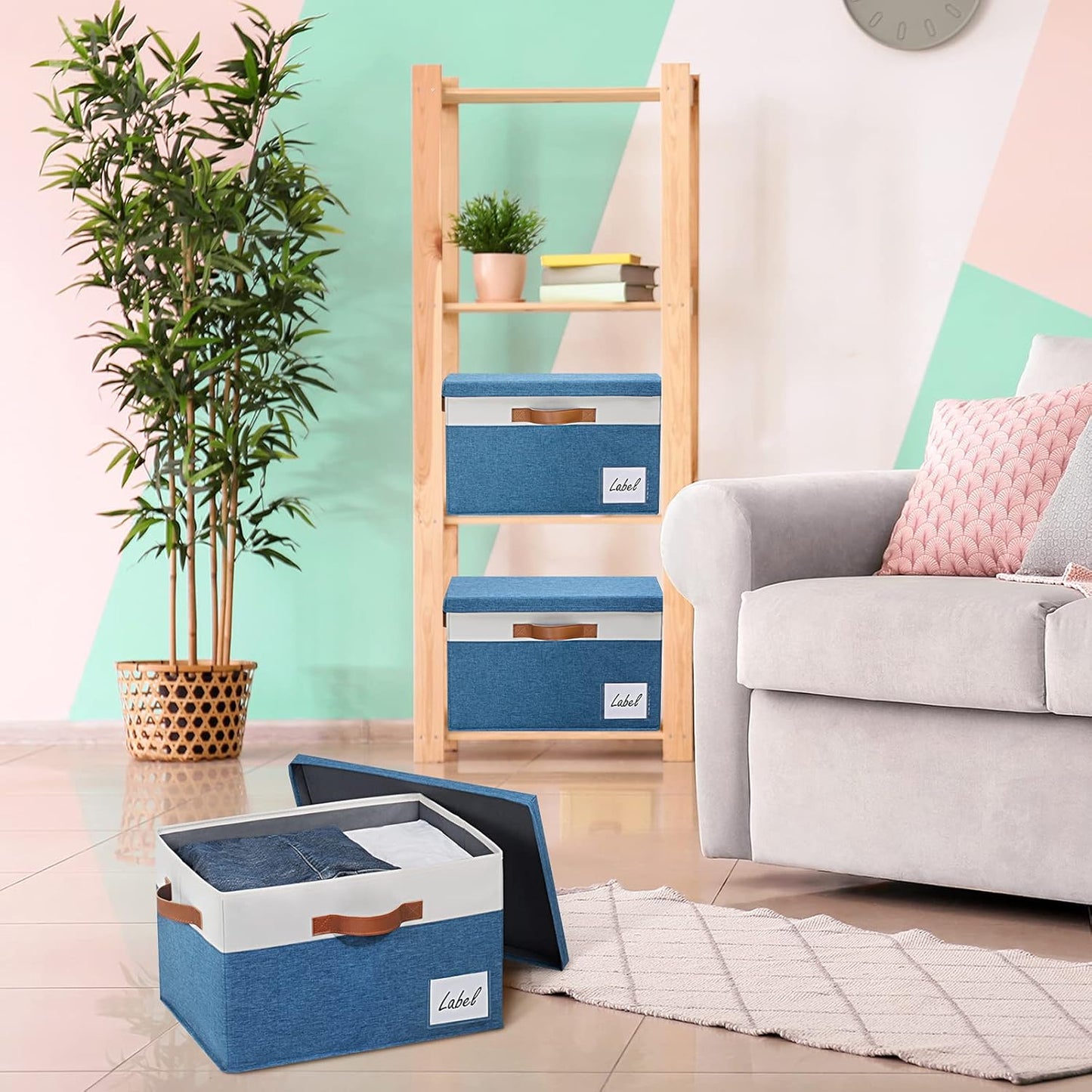 GhvyenntteS Fabric Storage Bins with Lid 6 Pack, Large Decorative Storage Boxes with Lids and Handles, Foldable Fabric Storage Baskets with Lid and Label for Home Office (Blue, 15" x 11" x 9.7")