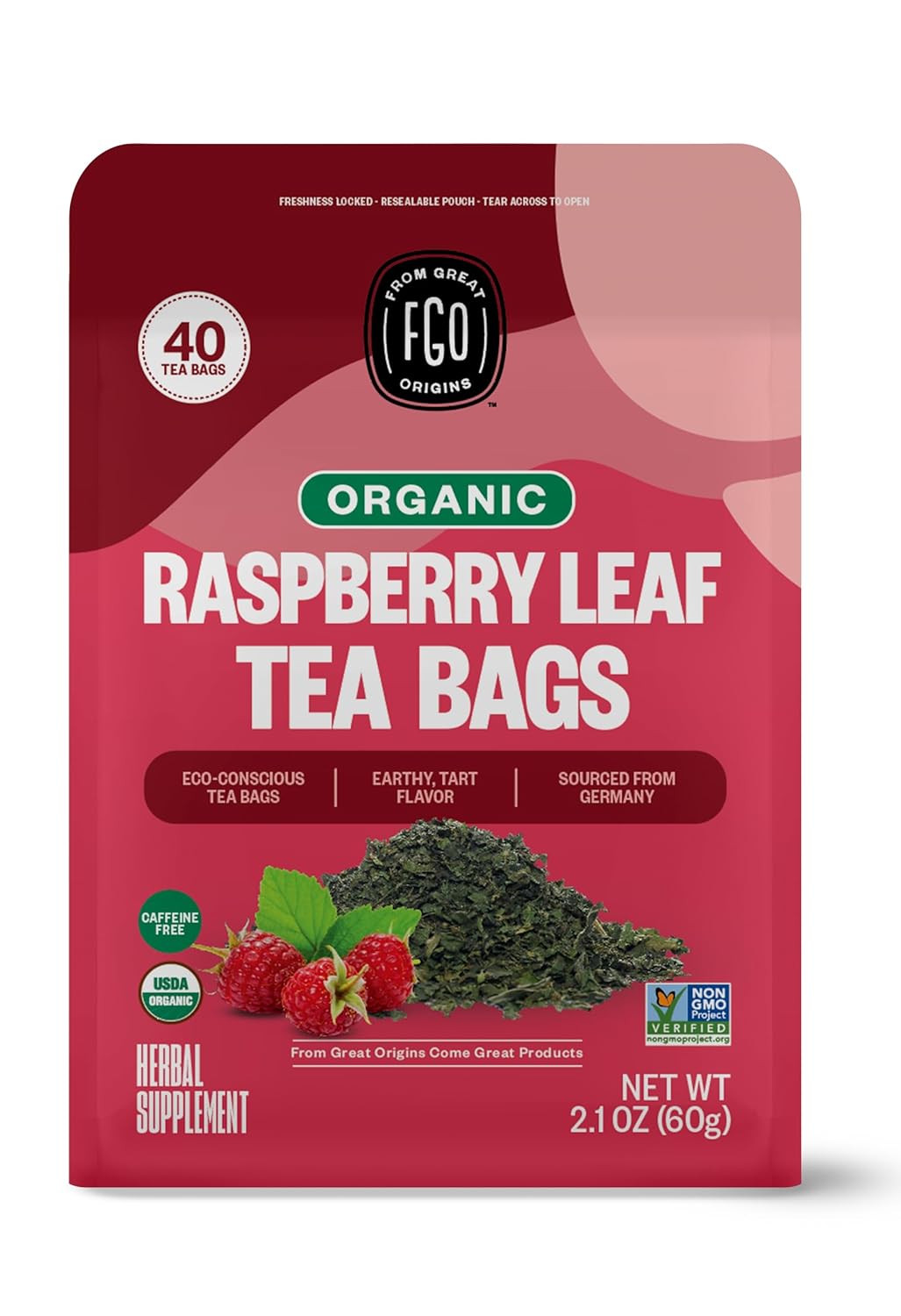 FGO Organic Red Raspberry Leaf Herbal Tea, 40 Count, Eco-Conscious Tea Bags, Caffeine Free (Pack of 1)