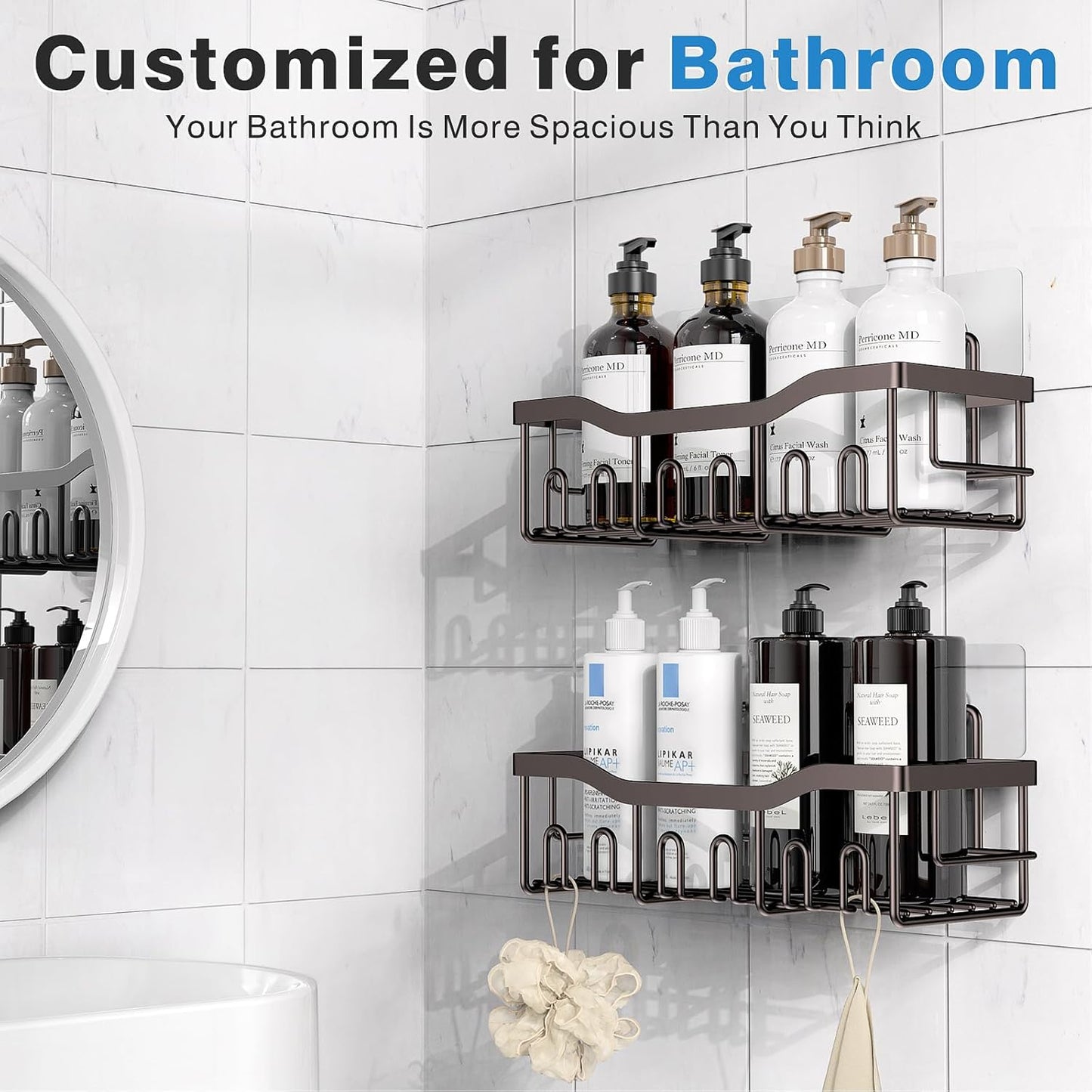 EUDELE Shower Caddy 2 Pack, Adhesive Organizer for Bathroom Storage&Home Decor&Kitchen organizers and storage, No Drilling, Large Capacity, Rustproof Stainless Steel Organizer, Decor Sets