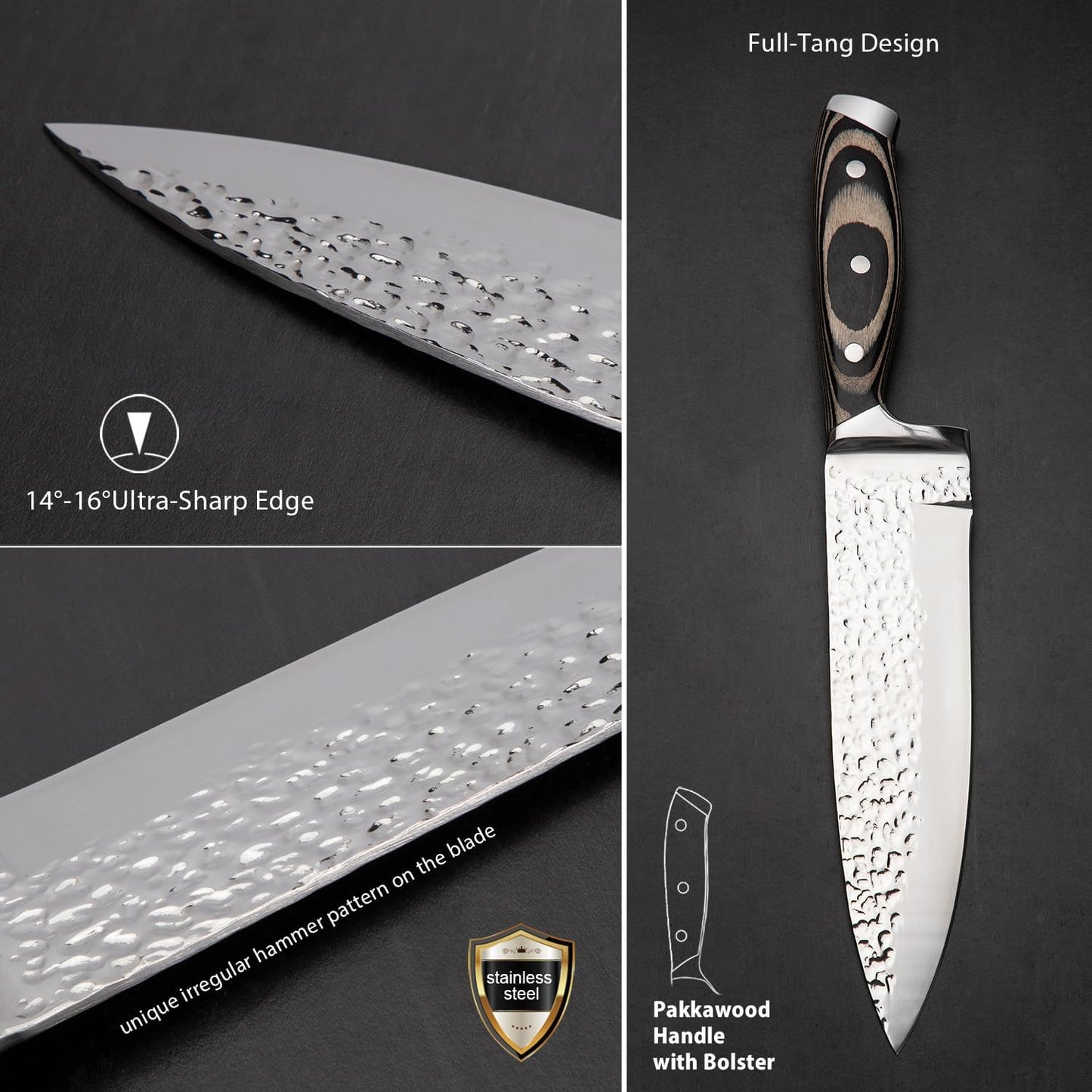 Kitchen Knife Set,15-Piece Knife Set With Block Wooden,Self Sharpening For Chef Knife Set,High Carbon Japan Stainless Steel Hammered Collection Knife Block Set with Steak Knives (Gray)