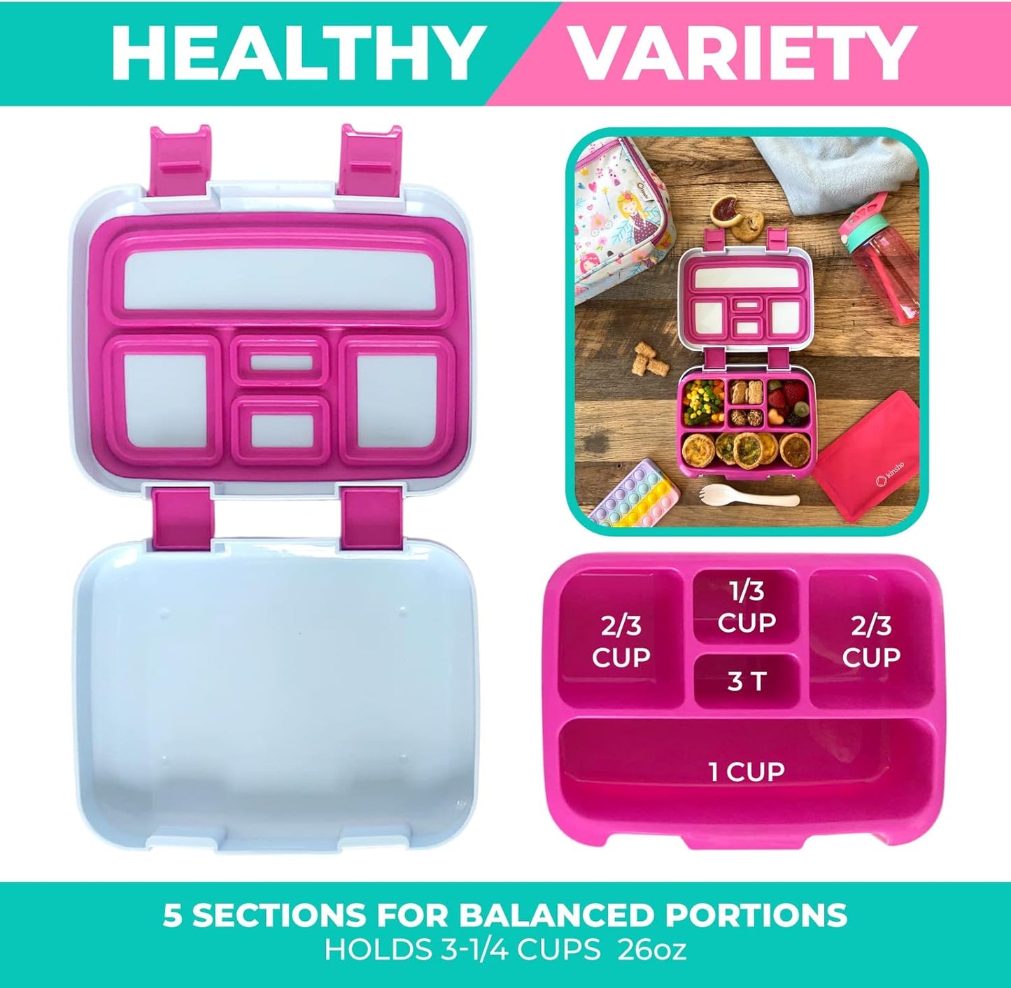 Bento Box, Lunch Bag, Ice Pack Water Bottle Set for Kids - 5 Compartments, Removable Tray, Lunches or Snack Container Girls Toddlers Daycare Pre-School, Kindergarten Pink Purple Fairy Princess