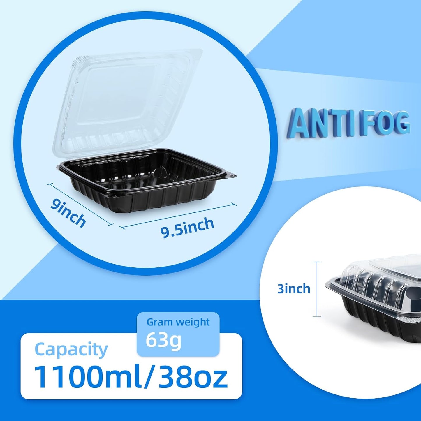 YANGRUI Plastic Containers 9.5" 38 oz 45 Pack - High Clarity Anti Fog Shrink Wrap Commercial PP BPA Free Meal Prep Box | Freezer & Microwave Safe | Reusable & Disposable Restaurant Takeout Container