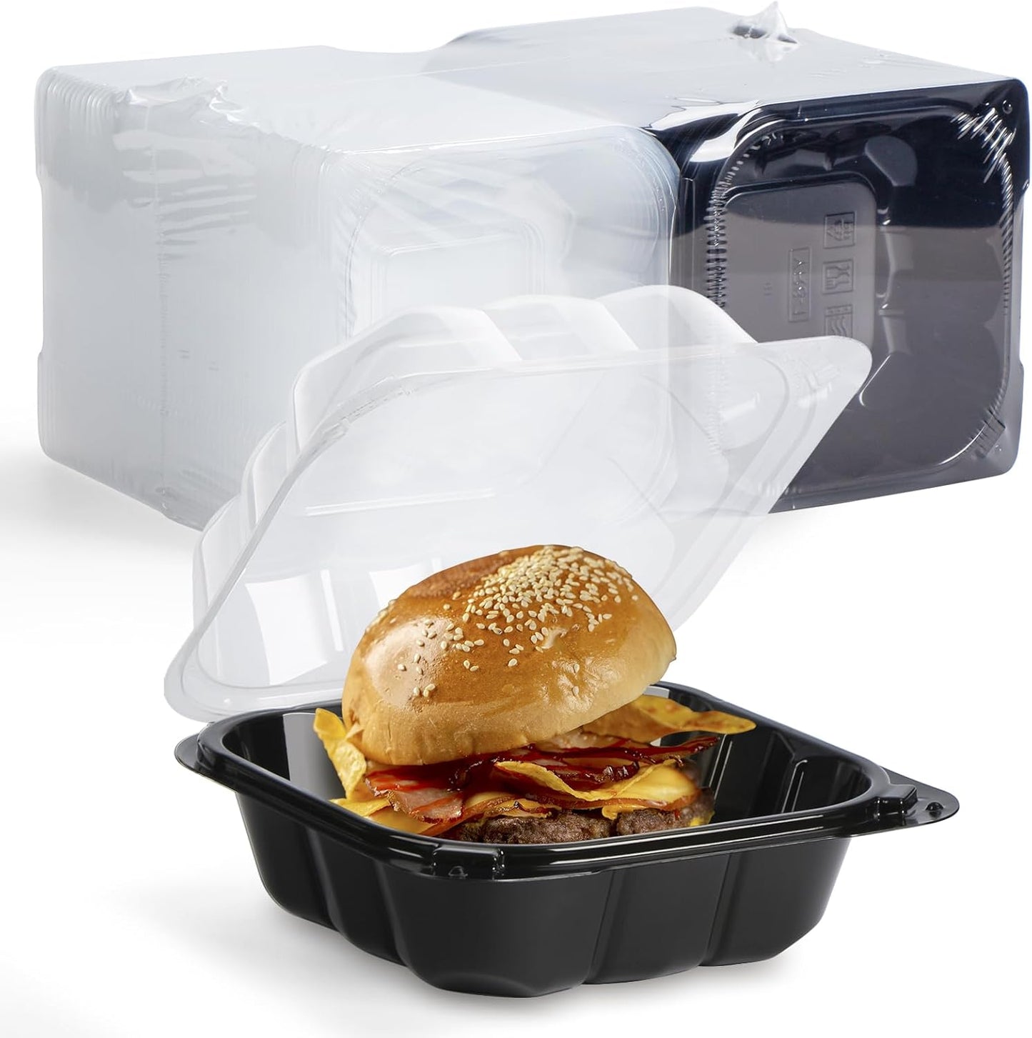 YANGRUI Plastic Containers 6" 17 oz 55 Pack - Reusable Crystal View Anti Fog Lid BPA Free PP Clamshell Food Container | Shrink Wrap Freezer & Microwave Safe | Catering Hotel Grade Black Burger Box