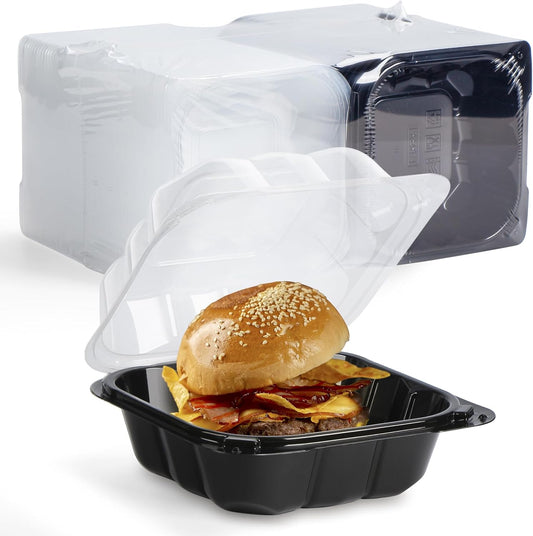 YANGRUI Plastic Containers 6" 17 oz 55 Pack - Reusable Crystal View Anti Fog Lid BPA Free PP Clamshell Food Container | Shrink Wrap Freezer & Microwave Safe | Catering Hotel Grade Black Burger Box
