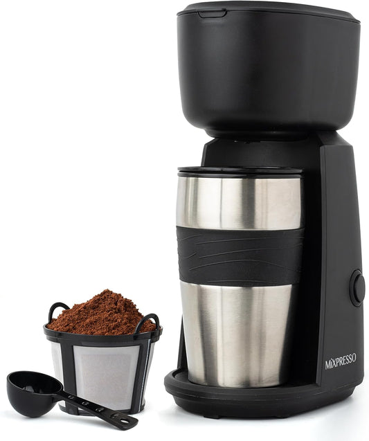 Mixpresso Personal Single Serve Coffee Maker & 14oz Travel Mug, Drip Small Coffee Maker & Tumbler, Auto Shut Off & Reusable Filter, Compatible with Coffee Grounds