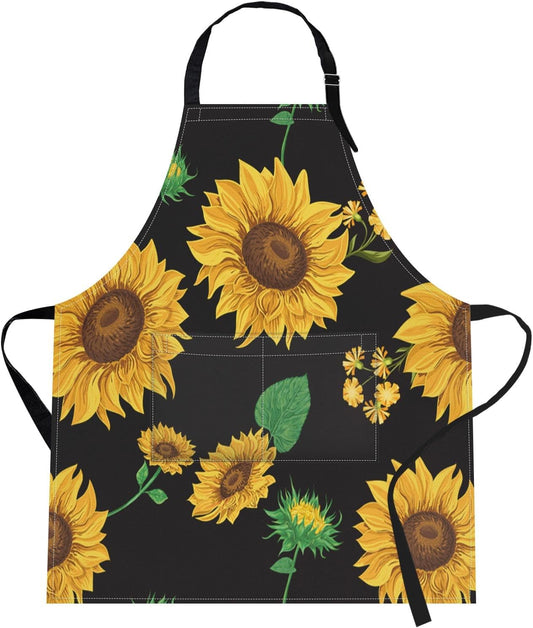 Britimes Apron Home Kitchen Cooking Baking Gardening for Women Men with Pockets Sunflowers Floral Flowers Leaf Vintage 32x28 inch