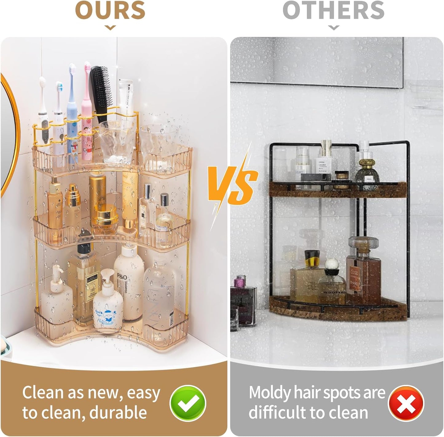 Upgraded 3-Tier Corner Bathroom Countertop Organizer – Spacious Storage for Makeup, Skincare & Perfumes, Built-in Brush Holder Fits Vanity/Dresser/Bsthtub (Vintage Gold)