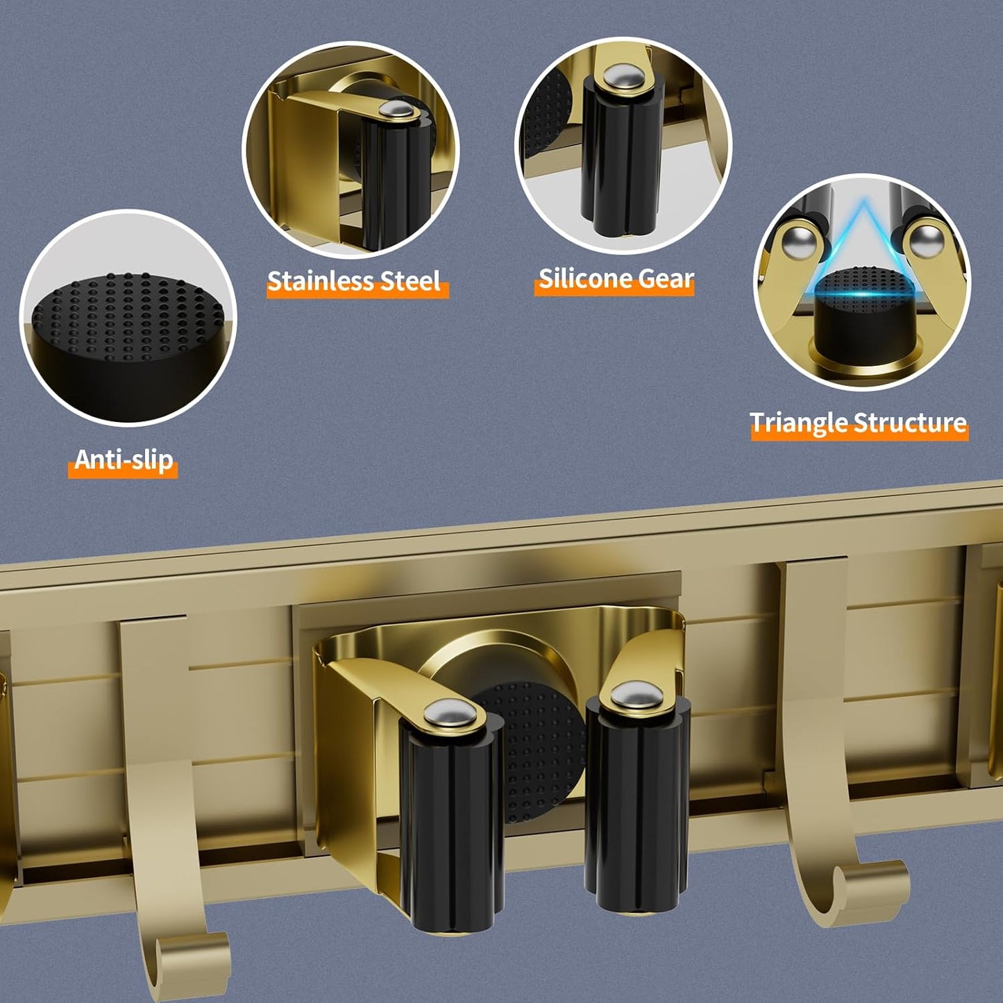 reliahom Broom Holder Wall Mount Mop and Broom Hanger Wall Mounted Garage Storage Rack Kitchen Garden Tool Organizer (4 Racks with 5 Hooks, Bronze)