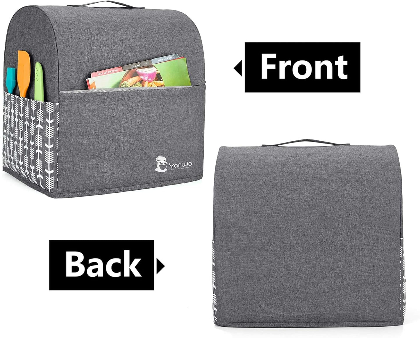 Yarwo Stand Mixer Cover Compatible with 4.5 qt and All 5 qt KitchenAid Mixer, Protective Dust Cover with Top Handle and Pockets for Accessories, Gray with Arrow