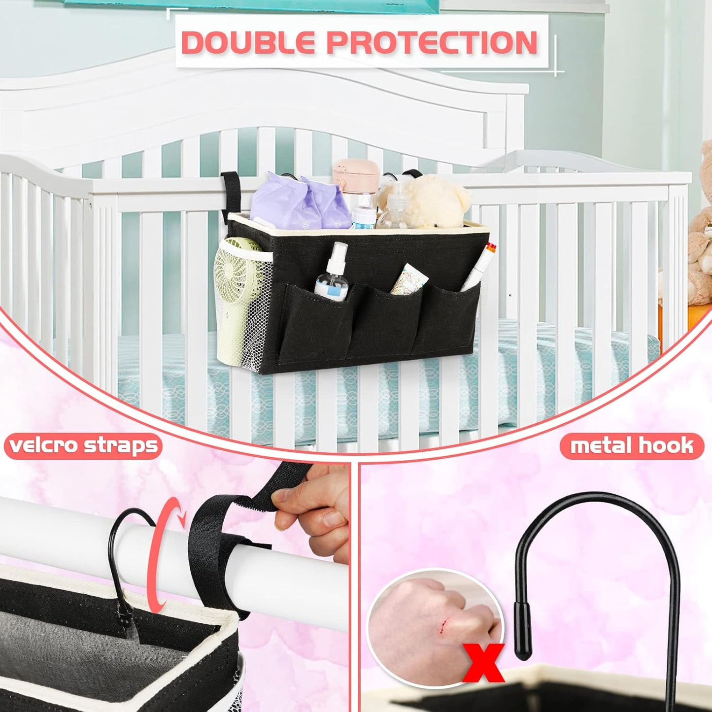 Loghot Bedside Caddy/Bedside Storage Bag Hanging Organizer for Bunk and Hospital Beds,Dorm Rooms Bed Rails,Can be Placed Glasses,Books,Mobile Phones,Keys (New Black)