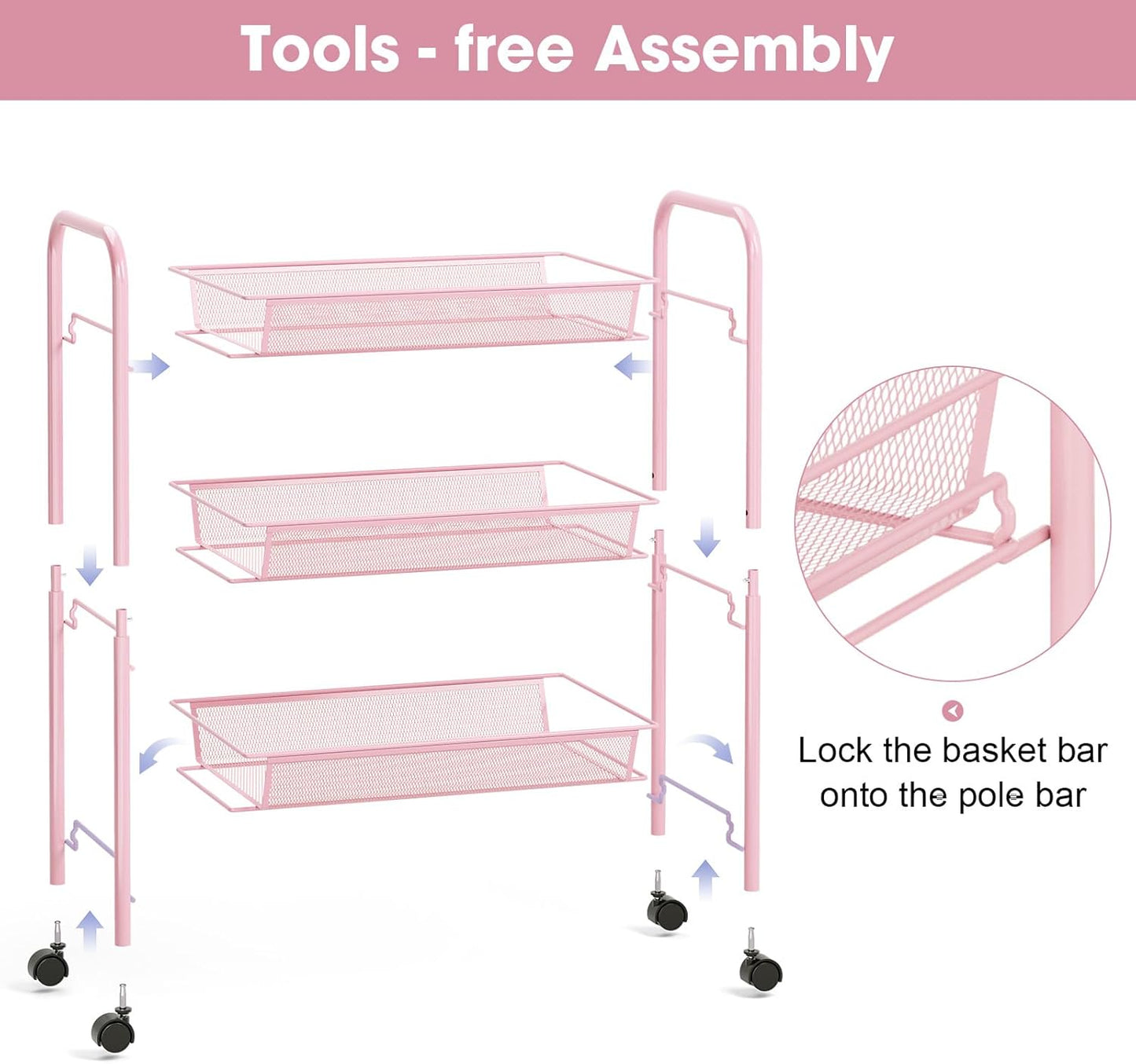 TOOLF 3 Tier Rolling Utility Cart - Durable Metal Design Pink Utility Cart, Storage Trolley on Wheels with 3 Hooks, Perfect for Kitchen, Bathroom & Laundry Room Organization