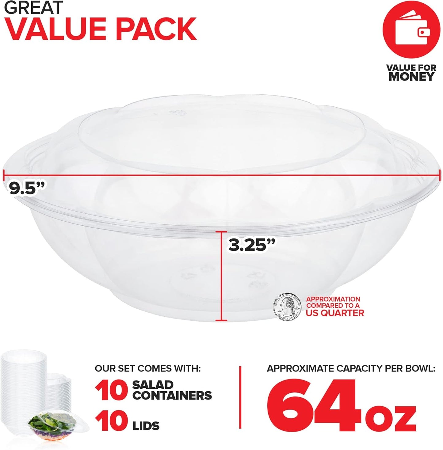 Stock Your Home 64oz Clear Plastic Salad Bowls with Lids Disposable (10 Pack) Extra Large Takeout Container with Snap on Lid for Fruit Salads, Lunch, Meal Prep, Acai Bowl, To-Go Party Containers