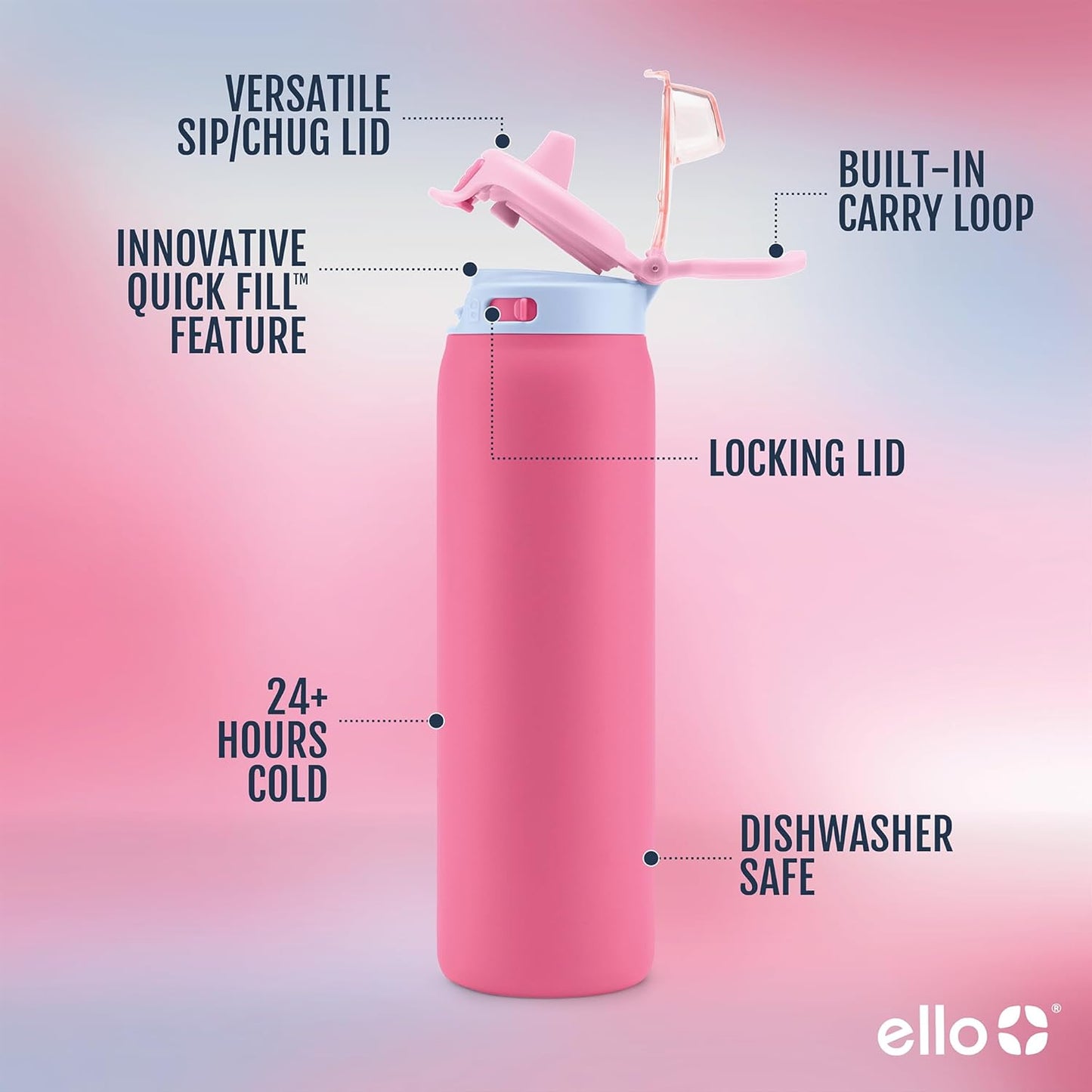 Ello Pop & Fill Stainless Steel Water Bottle with Quick Fill Technology, Double Walled Vacuum Insulated Metal, Leak Proof Locking Lid, Sip & Chug, BPA Free, Holiday Gift for Him Her, 22oz, 32oz, 40oz