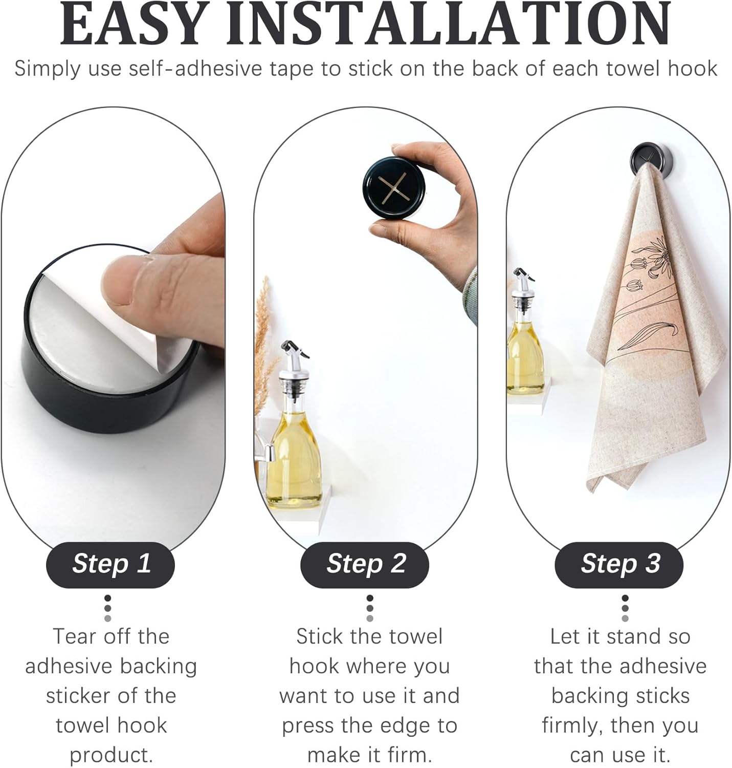 3 Pieces Kitchen Towel Hooks Round Adhesive Dish Towel Hook Premium Chrome Finish & Easy Installation Wall Mount Hand Towel Hook Ideal as Bathroom, Shower or Outdoor Towel Holders (Black)