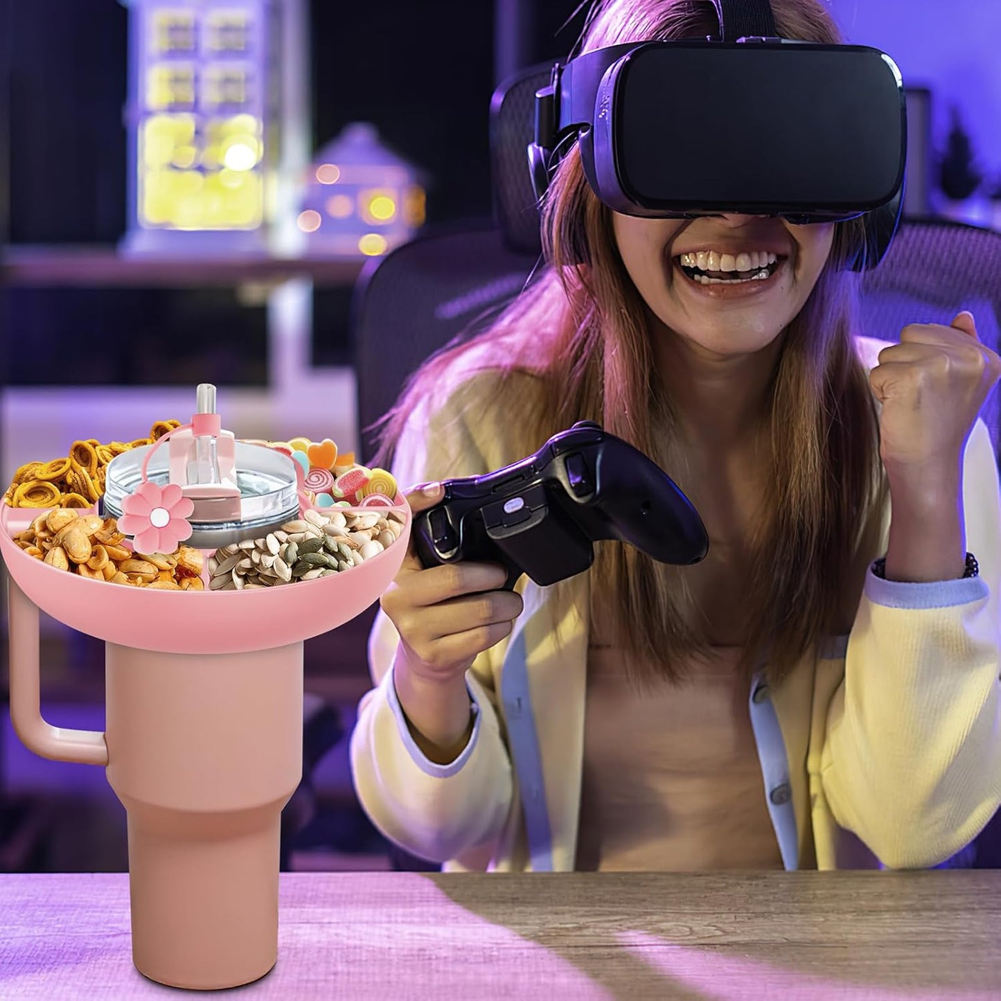 Snack Bowl for Stanley Cup 30 oz with Handle-Perfectly Compatible with Stanley Quencher H2.0 Tumbler 30 oz with Handle, Reusable Silicone Snack Tray, Stanley cup accessories-christmas gifts (Pink ）