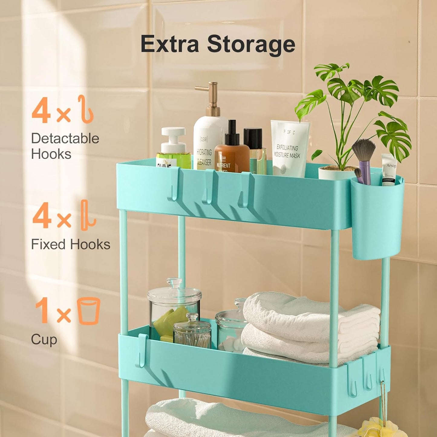 Pipishell Slim Storage Cart with Wheels, 4 Tier Bathroom Storage Organizer Rolling Utility Cart for Bathroom Kitchen Laundry Room Office Narrow Place (Turquoise)