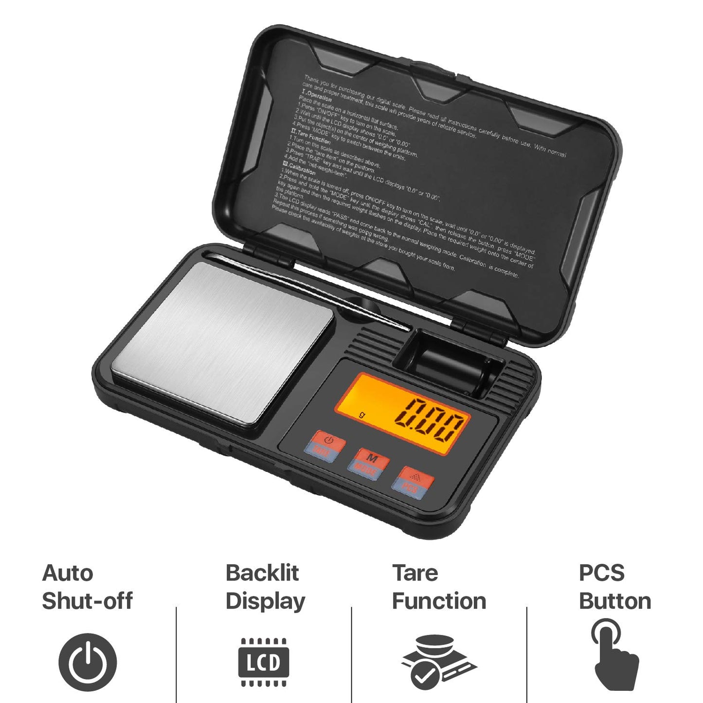 Flexzion Pocket Scales Digital Weight Grams 50g / 0.01g – Mini Portable Food Scale with LCD Display, 6 Units, Tare, Tweezers & 50g Calibration Weight – Stainless Steel Portable Scale