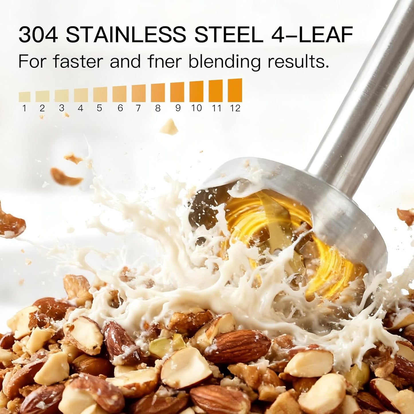 3- in-1 Immersion Hand blender, Powerful MOTOR & Stainless Steel Stick Blender, 4 Sharp Blades with Whisk, Milk Frother Attachments