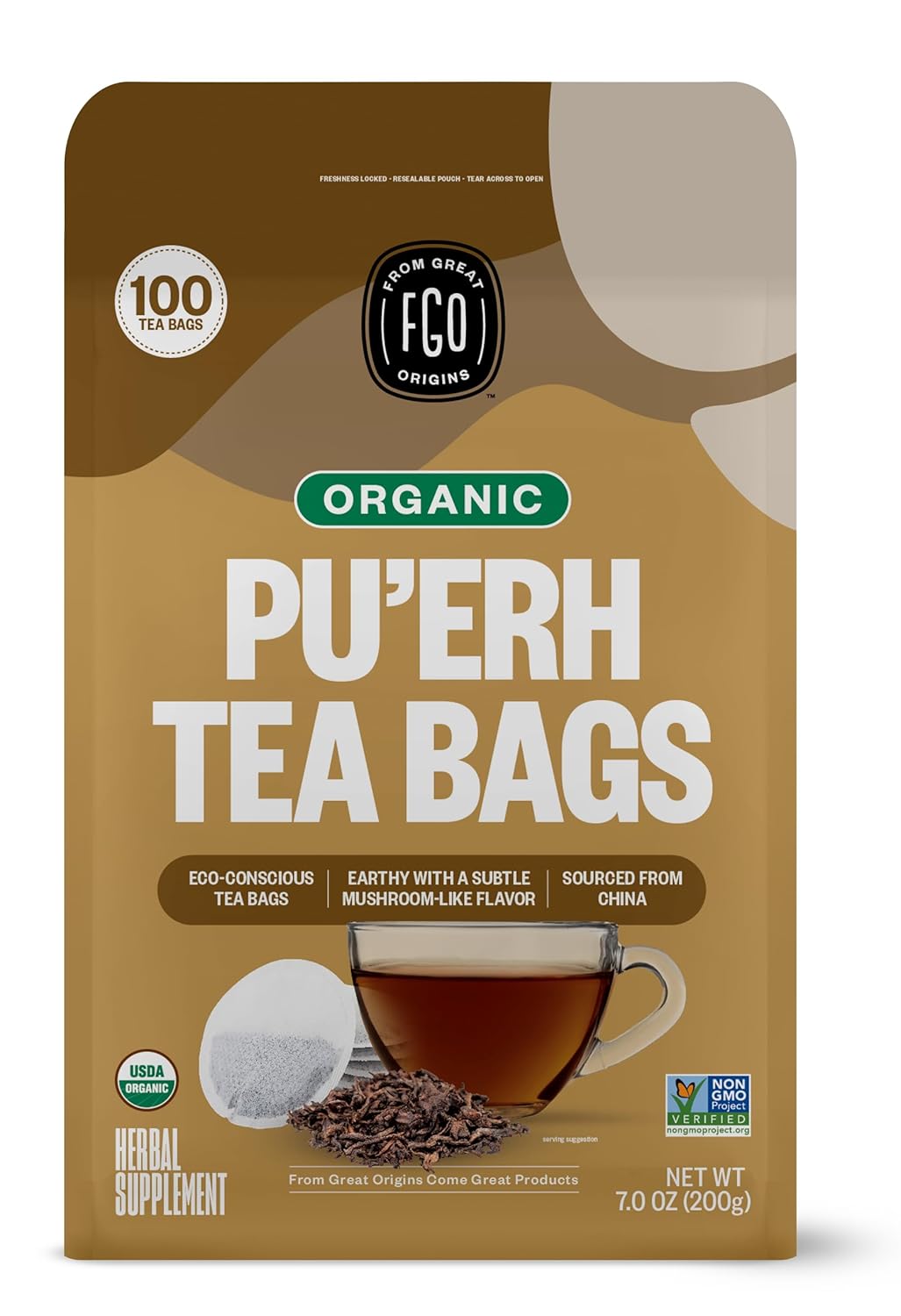 FGO Organic Pu'erh Tea, 100 Count, Eco-Conscious Black Tea Bags, Resealable Bag, Packaging May Vary (Pack of 1)
