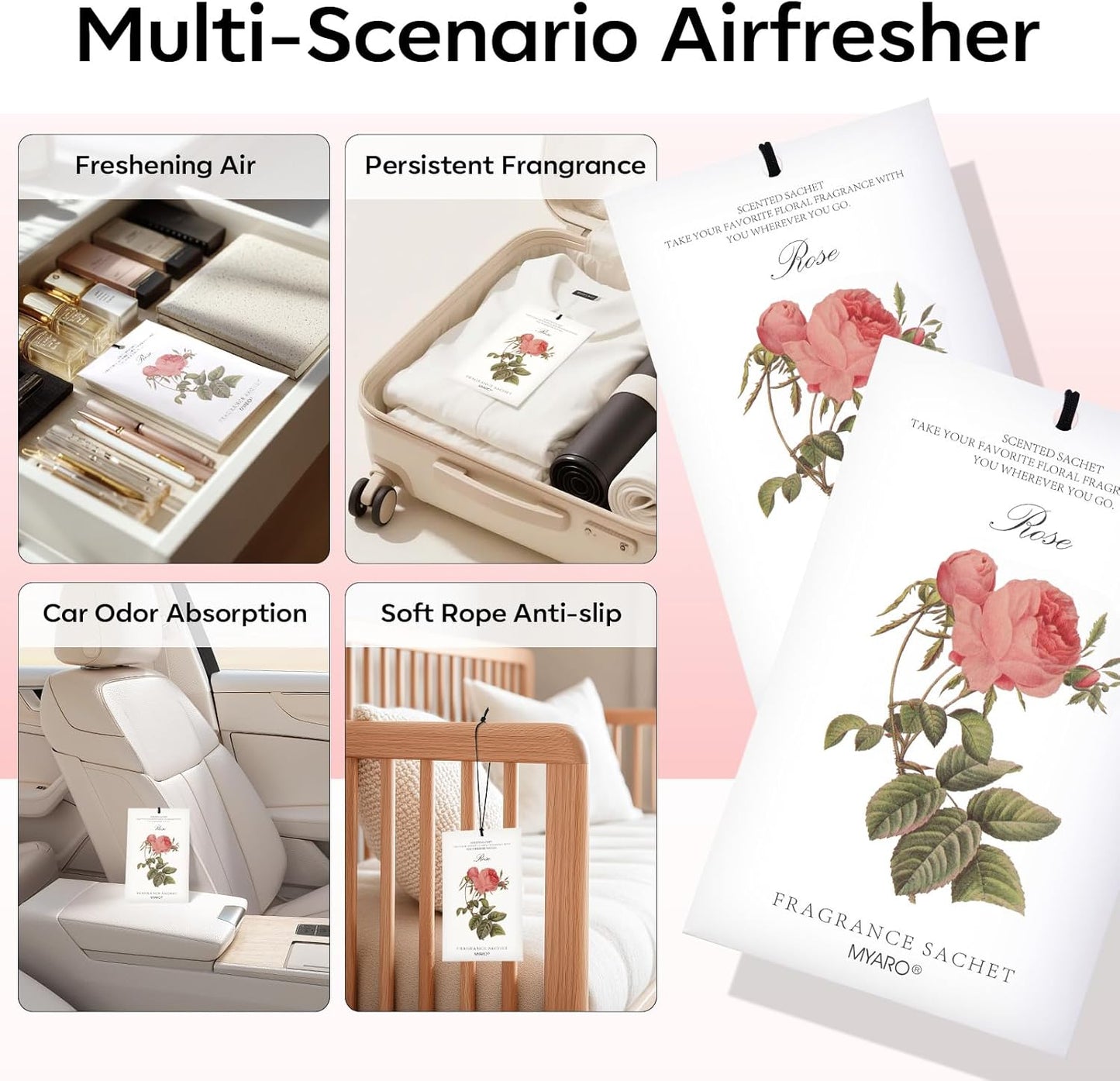 MYARO 12 Pcs Rose Scented Sachets Long Lasting Room Air Freshener Odor Deodorizer Eliminating for Home Drawer Closet Clothes Storage