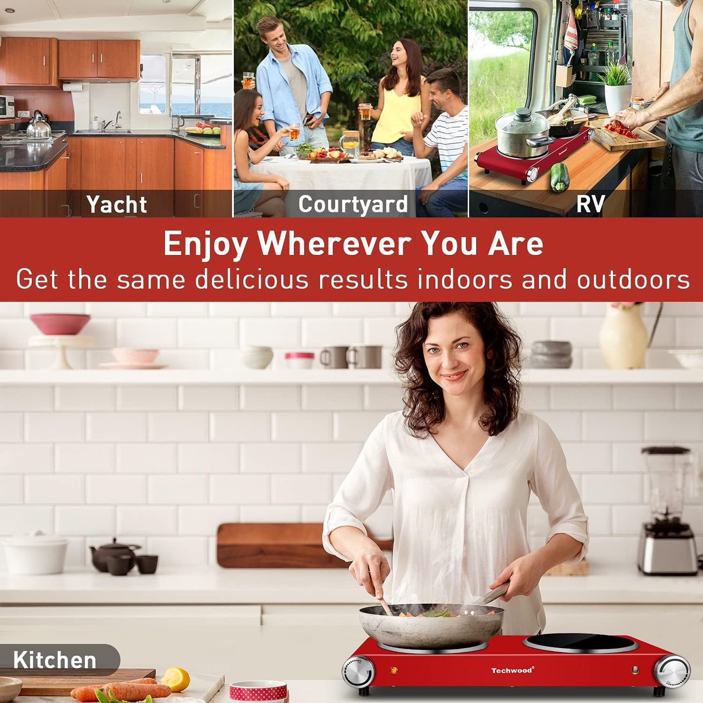 Hot Plate, Techwood 1800W Dual Electric Stoves, Countertop Stove Double Burner for Cooking, Infrared Ceramic Hot Plates Double Cooktop, Red, Brushed Stainless Steel Easy To Clean Upgraded Version, Red