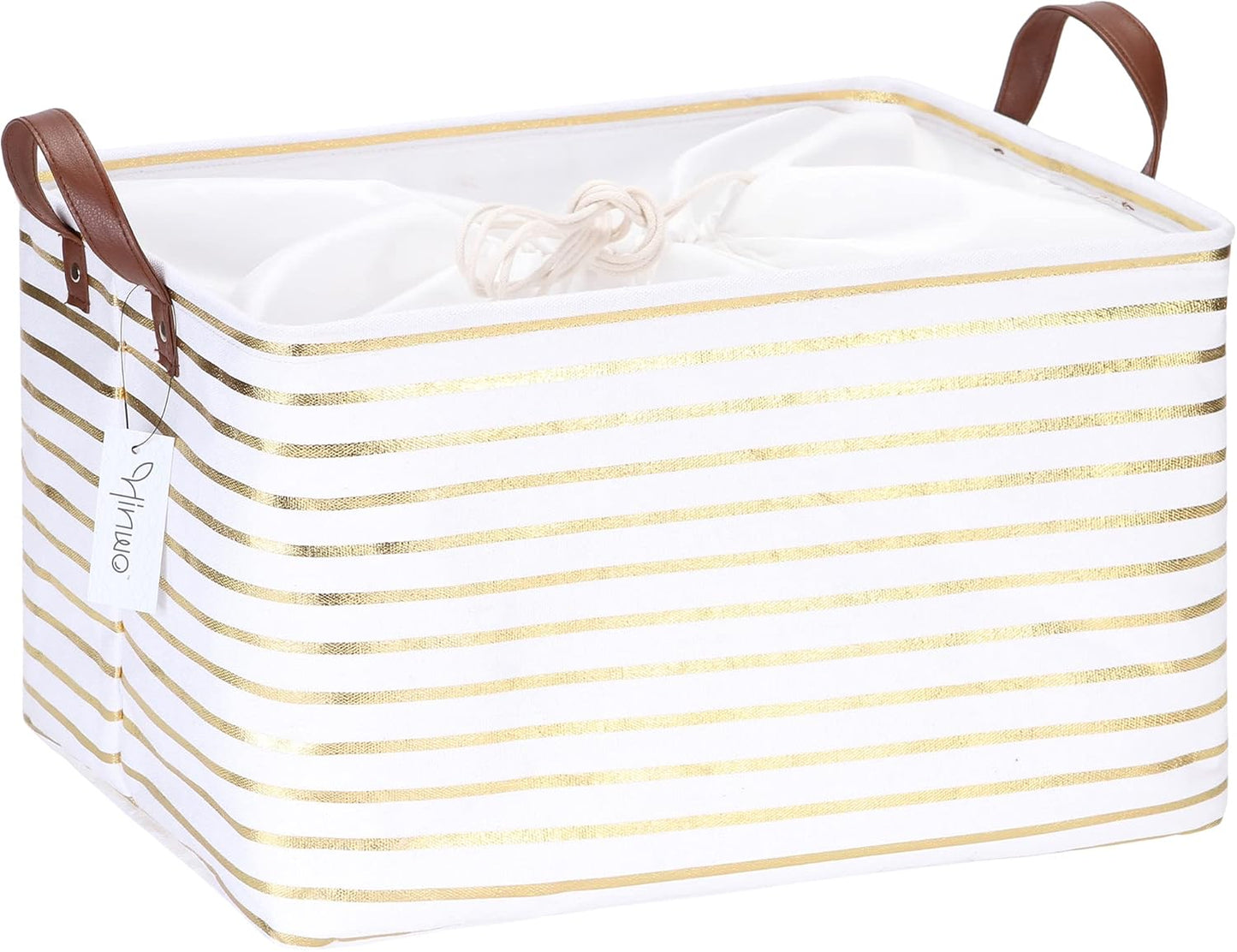 Hinwo 31L Large Storage Bins, Closet Organizers and Storage, Shelf Baskets, Foldable Clothes Storage Baskets with Handles, Containers for Clothing, Blanket, Towels, Toys, Bedding (Gold Stripe)